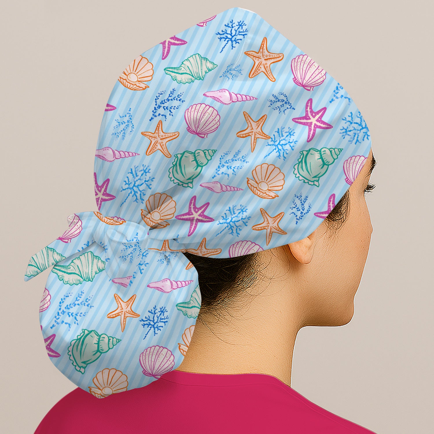 Colorful Seashell Starfish Ocean Stripe Pattern Cap, Bouffant Scrub Caps for Women