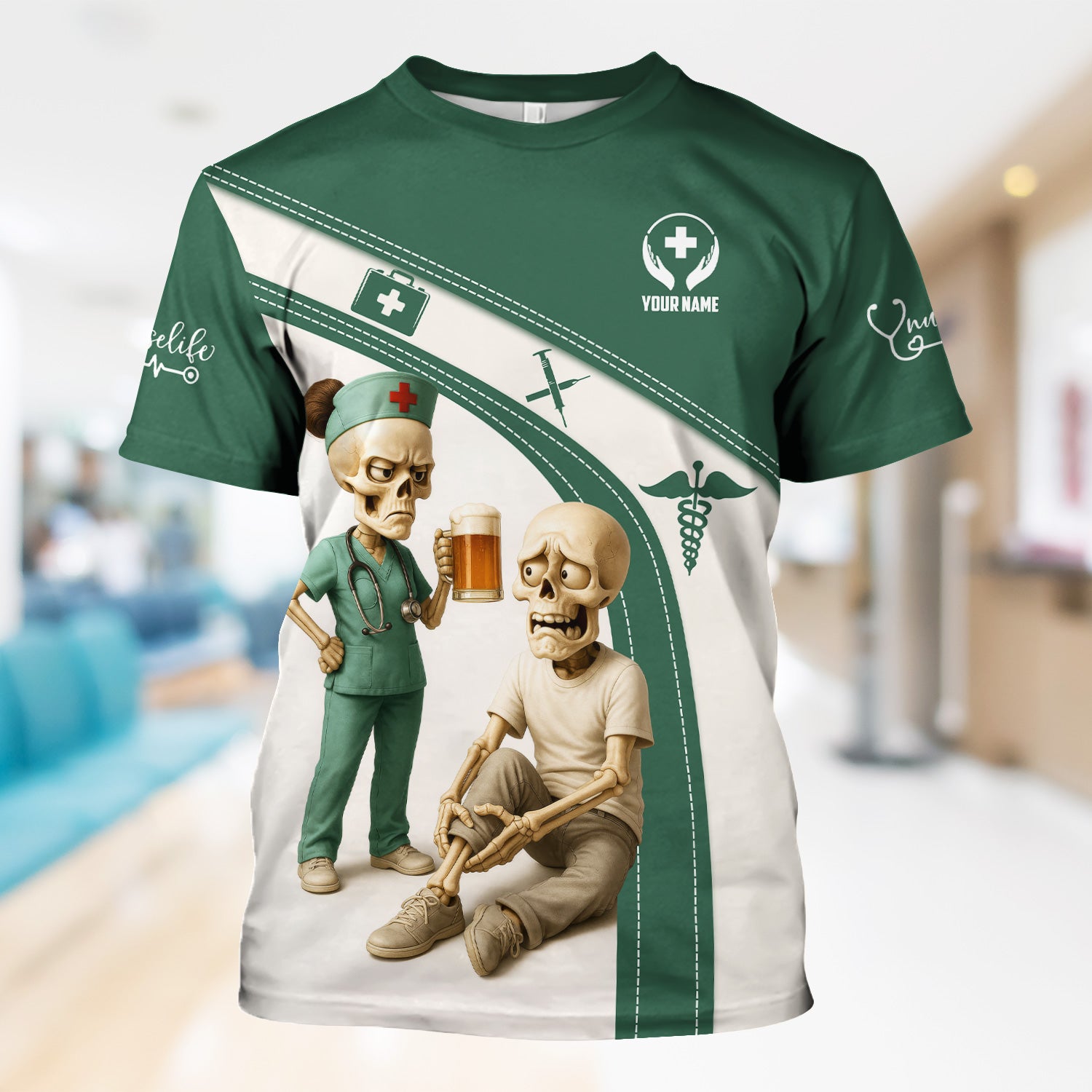 Funny Skeleton Nurse Shirt for Women - Custom Name Beer Joke Medical Uniform - Hilarious Gift for RN CNA LPN
