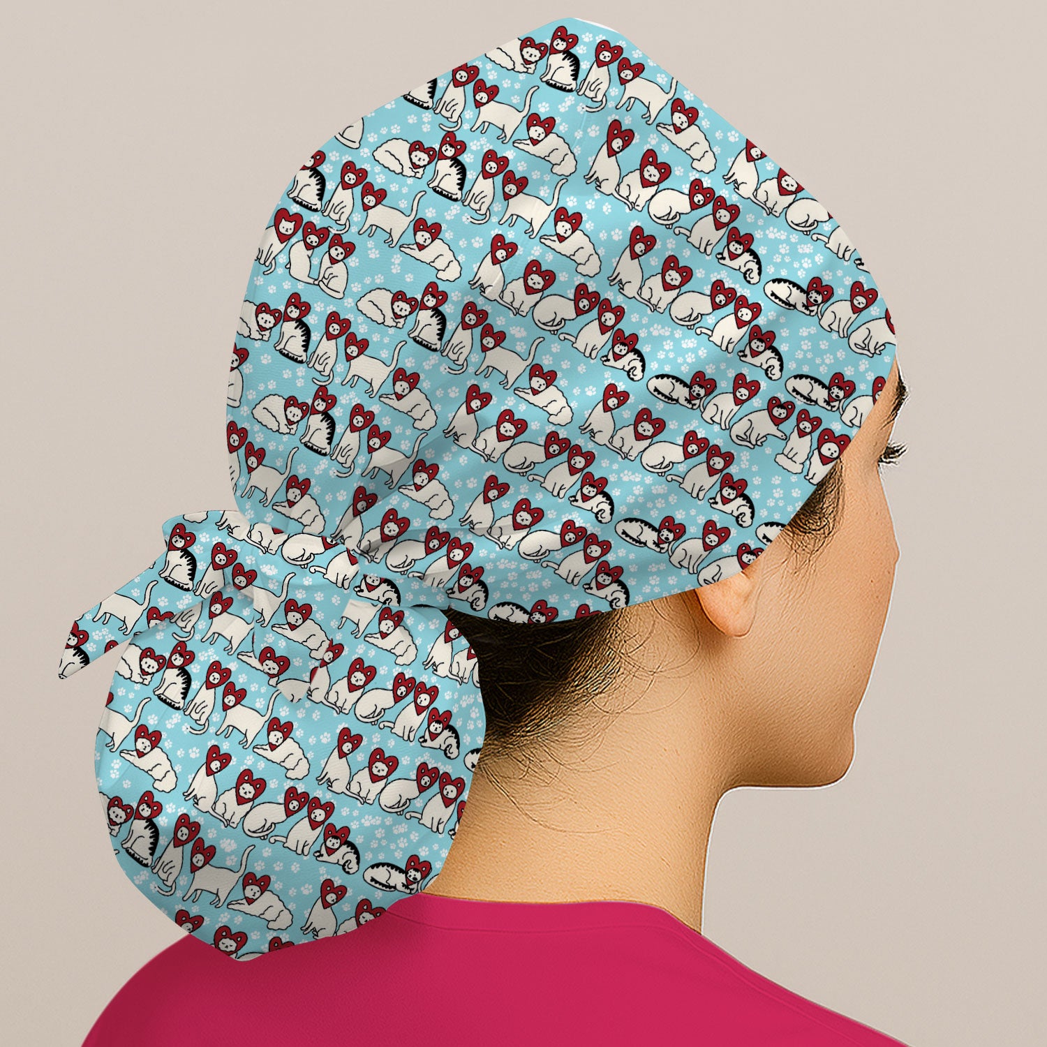 Cute Cat Heart Pattern Scrub Cap, Funny Cat Scrub Hat For Nurses, Breathable Fabrics Nursing Uniform