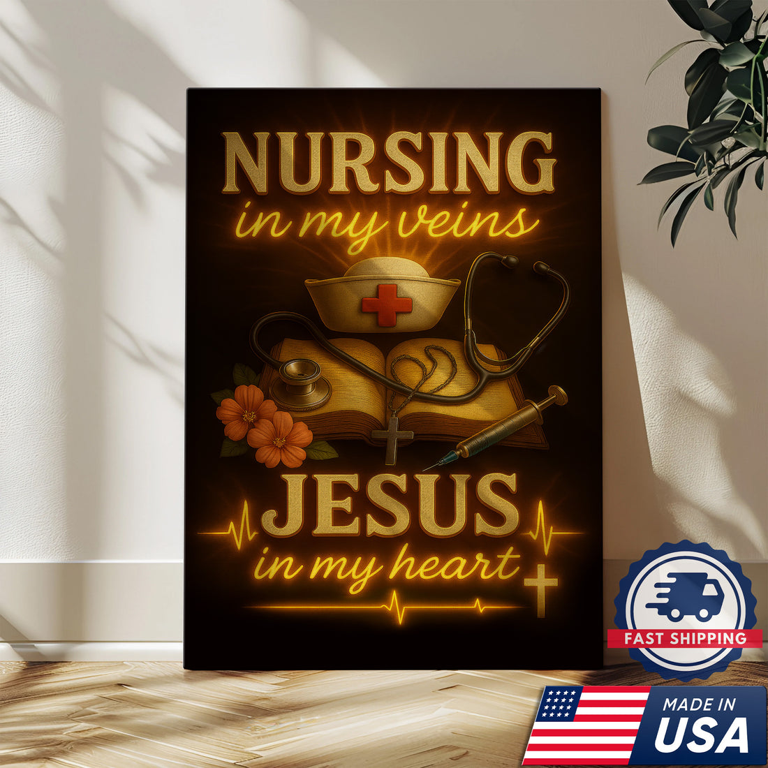 Christian Nurse Wall Art Canvas, Nursing in My Veins Jesus in My Heart, Gift for RN CNA LPN Women