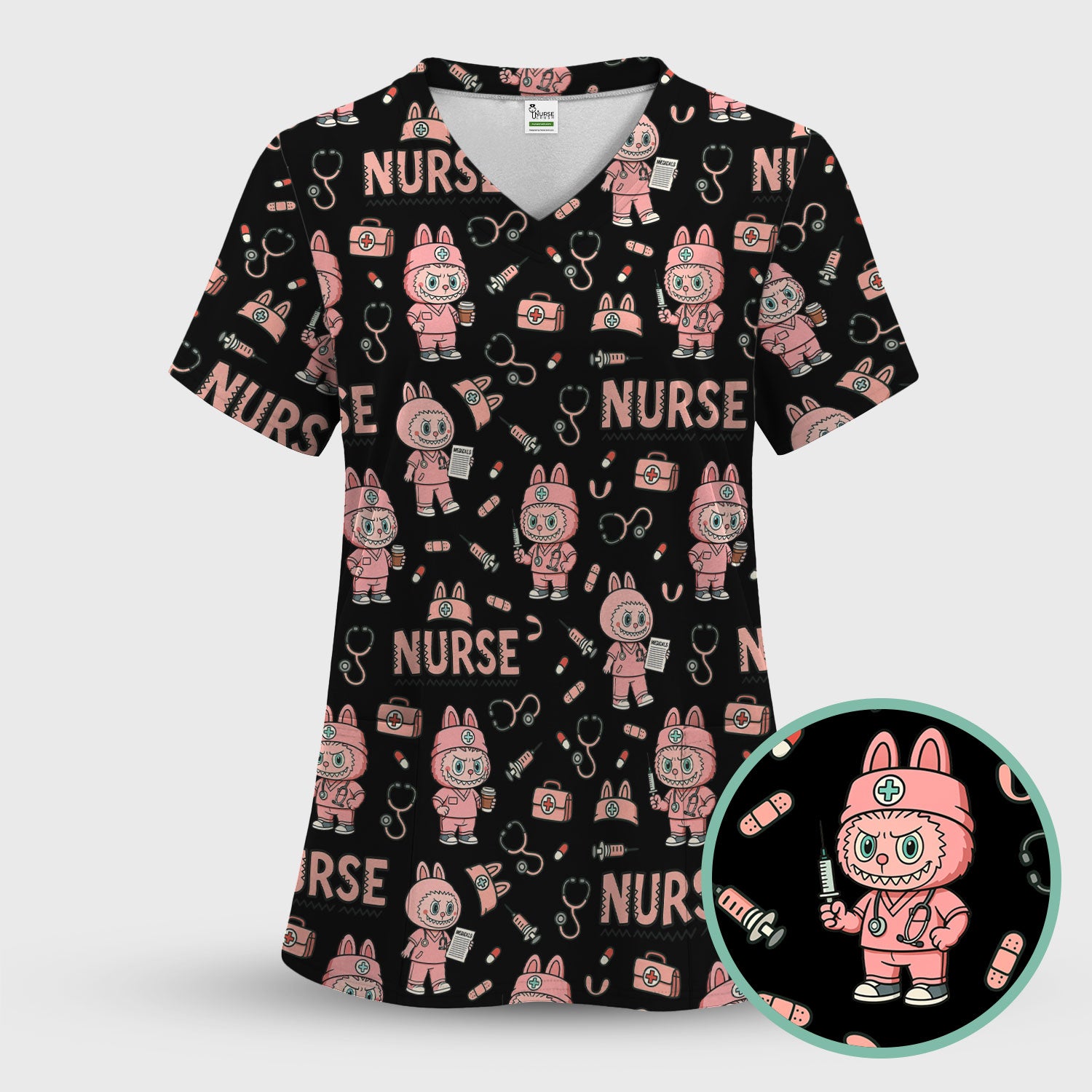 Bunny Cartoon Nurse Scrub Shirt  Cute Medical Top for Women CNA RN Doctor - Fun Scrubs Gift Idea for Nurses, Students, Holiday Season