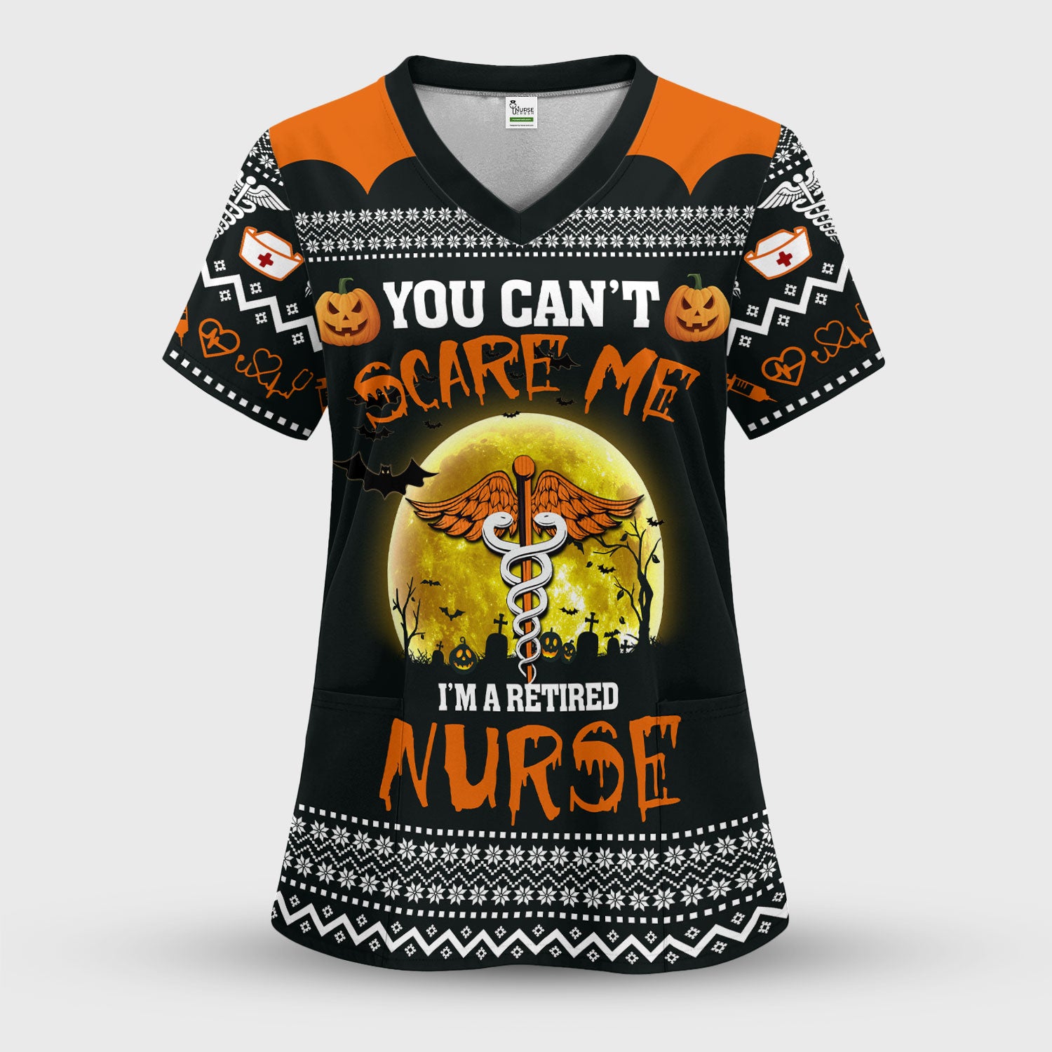 Funny Halloween Retired Nurse Scrub Top - You Can’t Scare Me Shirt - Spooky Pumpkin Medical Uniform Gift for RN LPN CNA