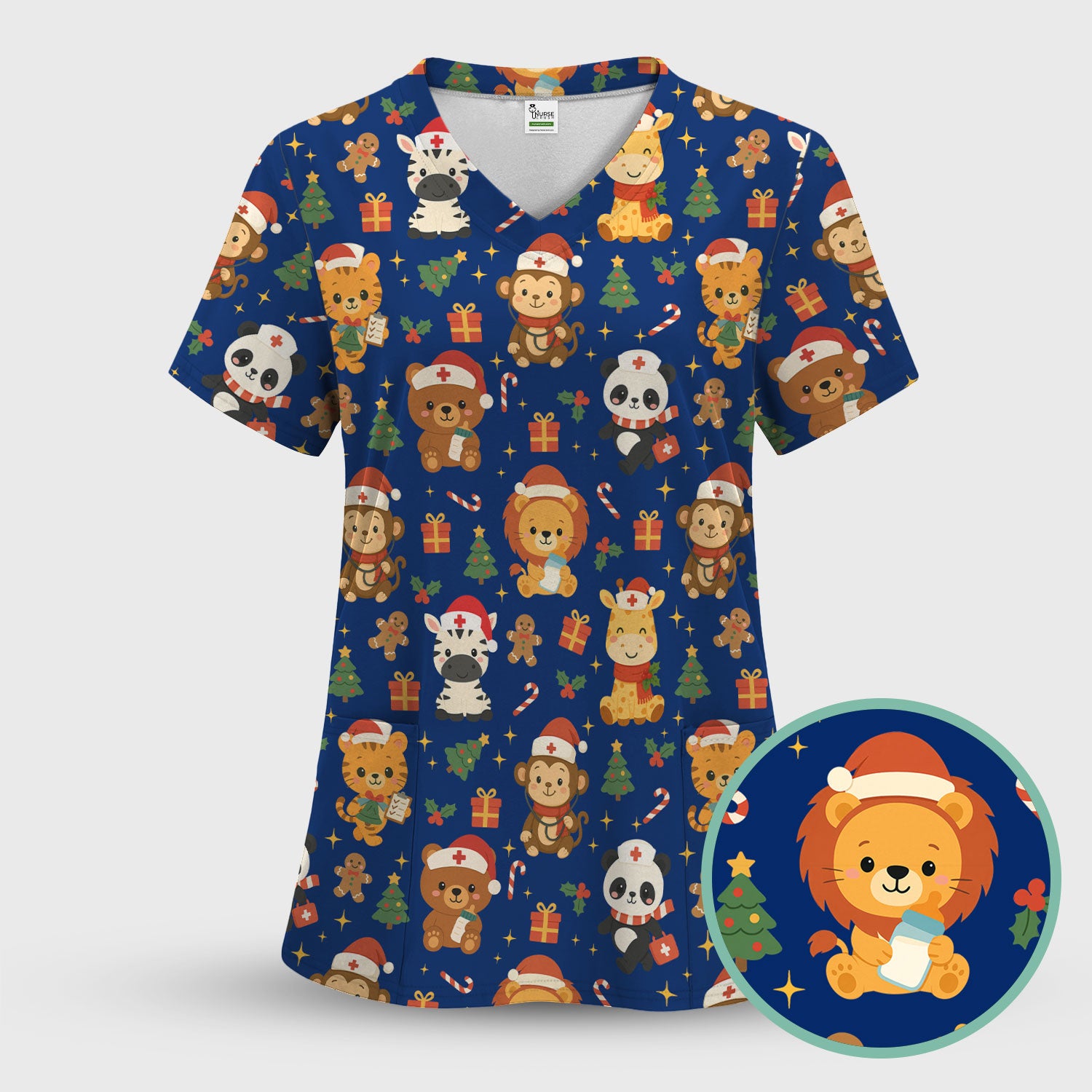 Funny Christmas Nurse Scrub Top - Adorable Safari Animal Pattern - Cute Festive Gift for Women RN LPN CNA