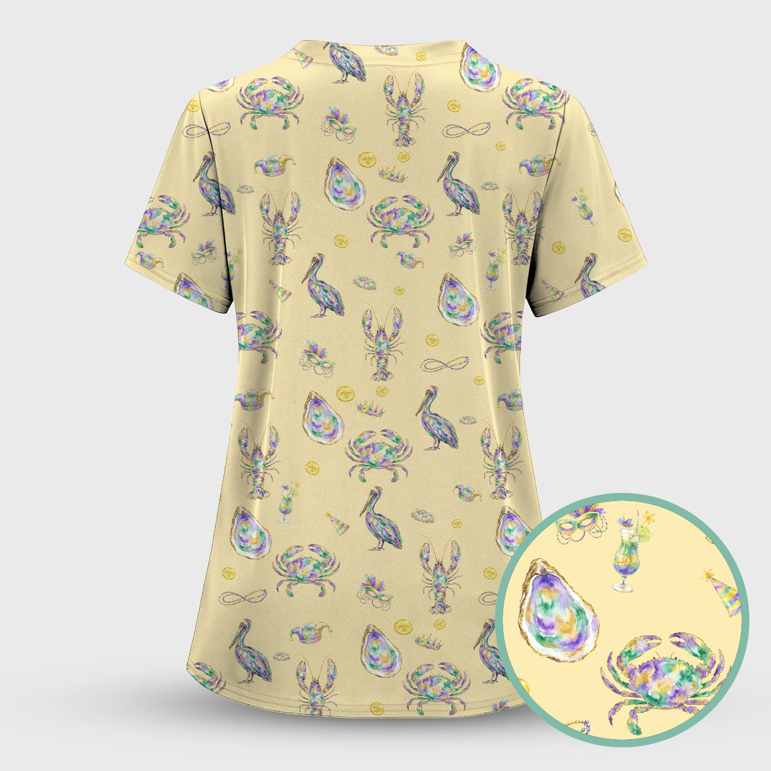 Mardi Gras Seafood Nurse Scrub Top, Comfortable Uniform Scrubs For Nursing