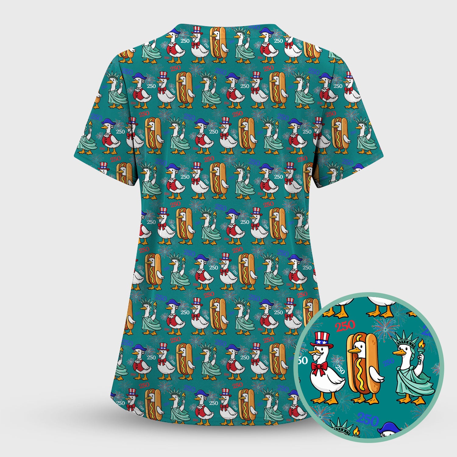 Patriotic Duck Independence Day Pattern Scrub Set, Scrub Pants and V Neck Top