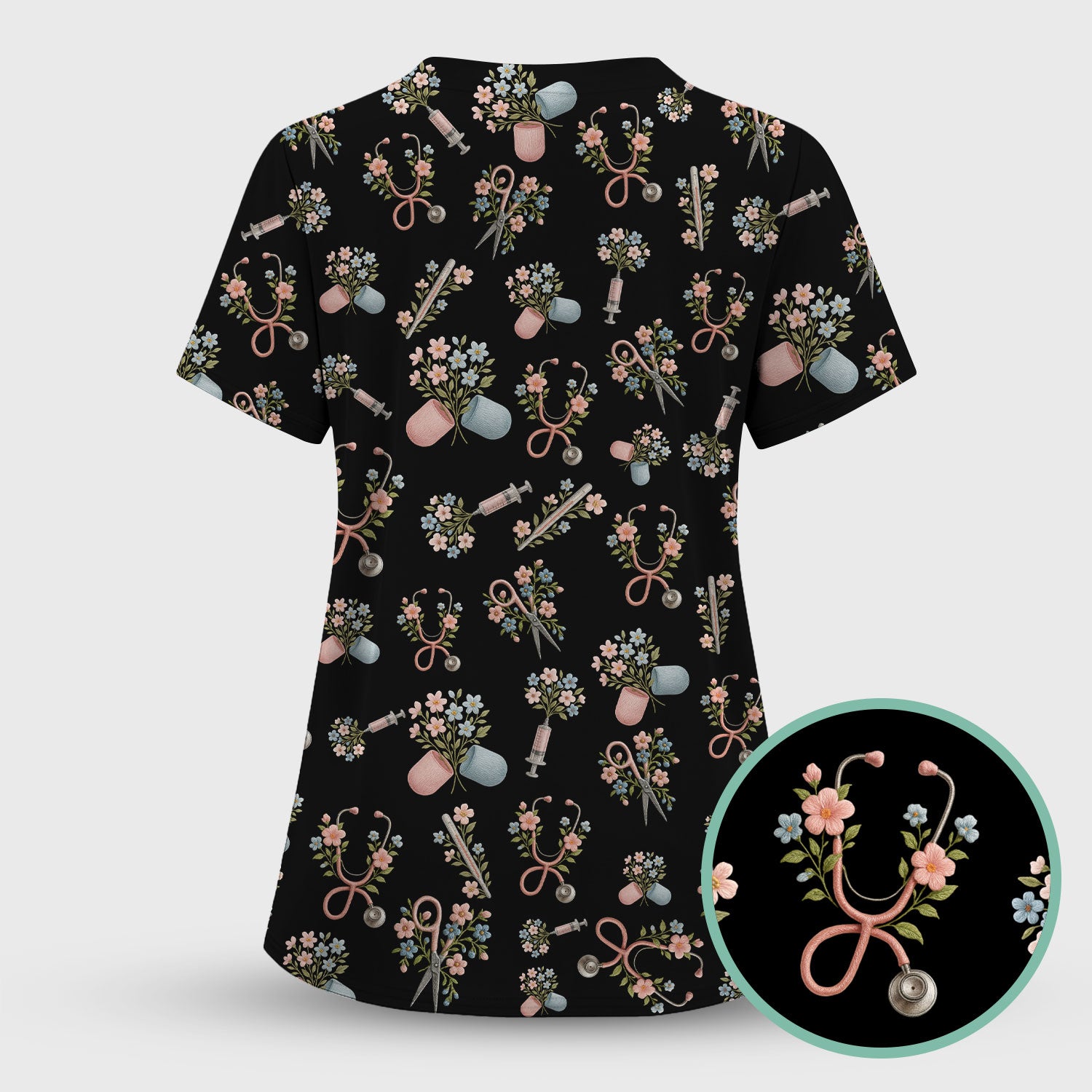 Floral Medical Scrub Top, Elegant Stethoscope With Flower Nursing Shirt, Breathable Fabrics Nurse Uniform
