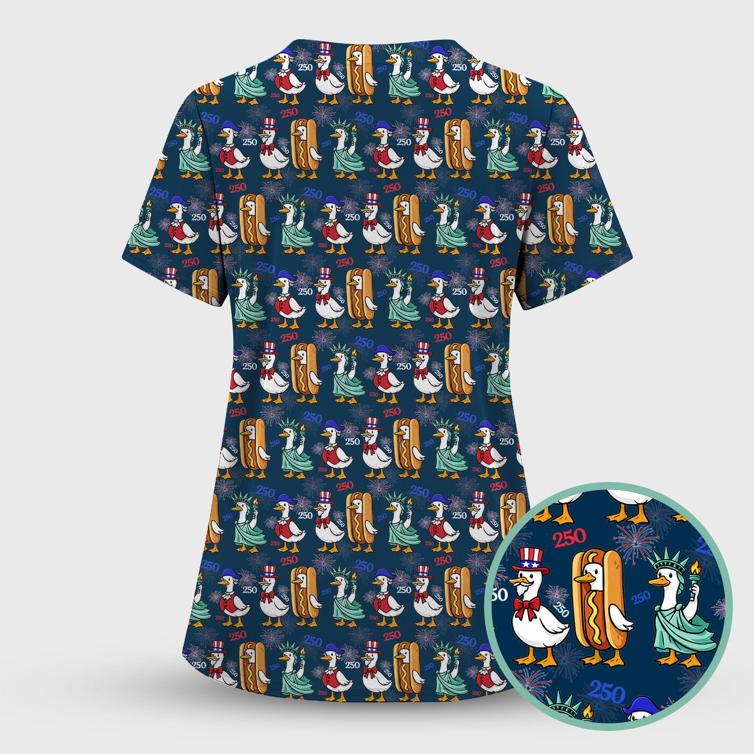 Patriotic Duck Independence Day Pattern Scrub Set, Scrub Pants and V Neck Top