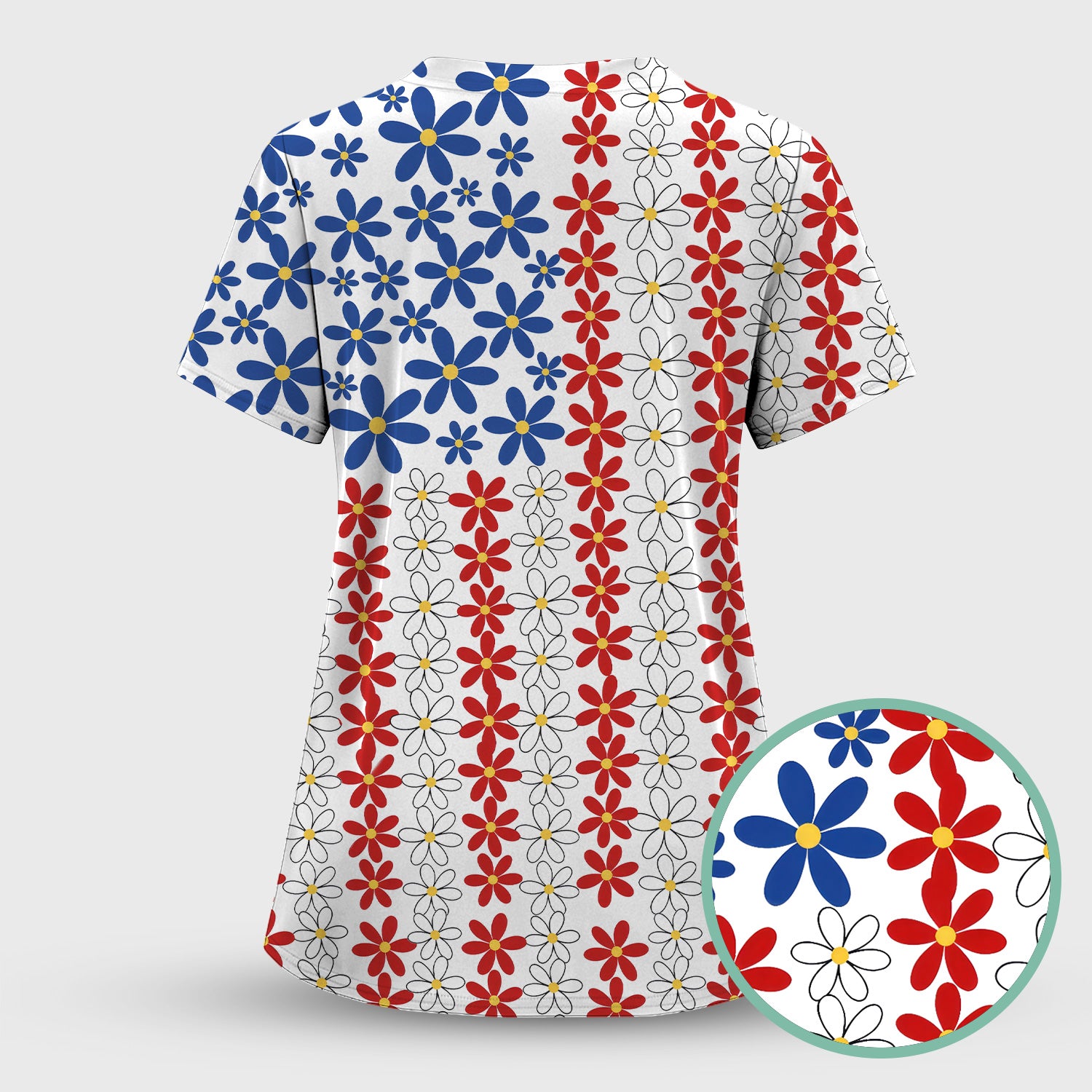 Retro Red Blue Daisy Stripe Pattern Scrub Top, Breathable Fabrics Nursing Uniform