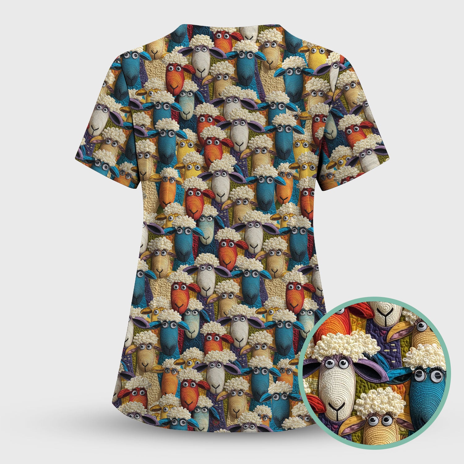 Funny Sheep Nurse Scrub Set for Women - Cute 3D Knit Effect Animal Pattern Top and Pants - Colorful Nursing Outfit Gift for RN LPN CNA