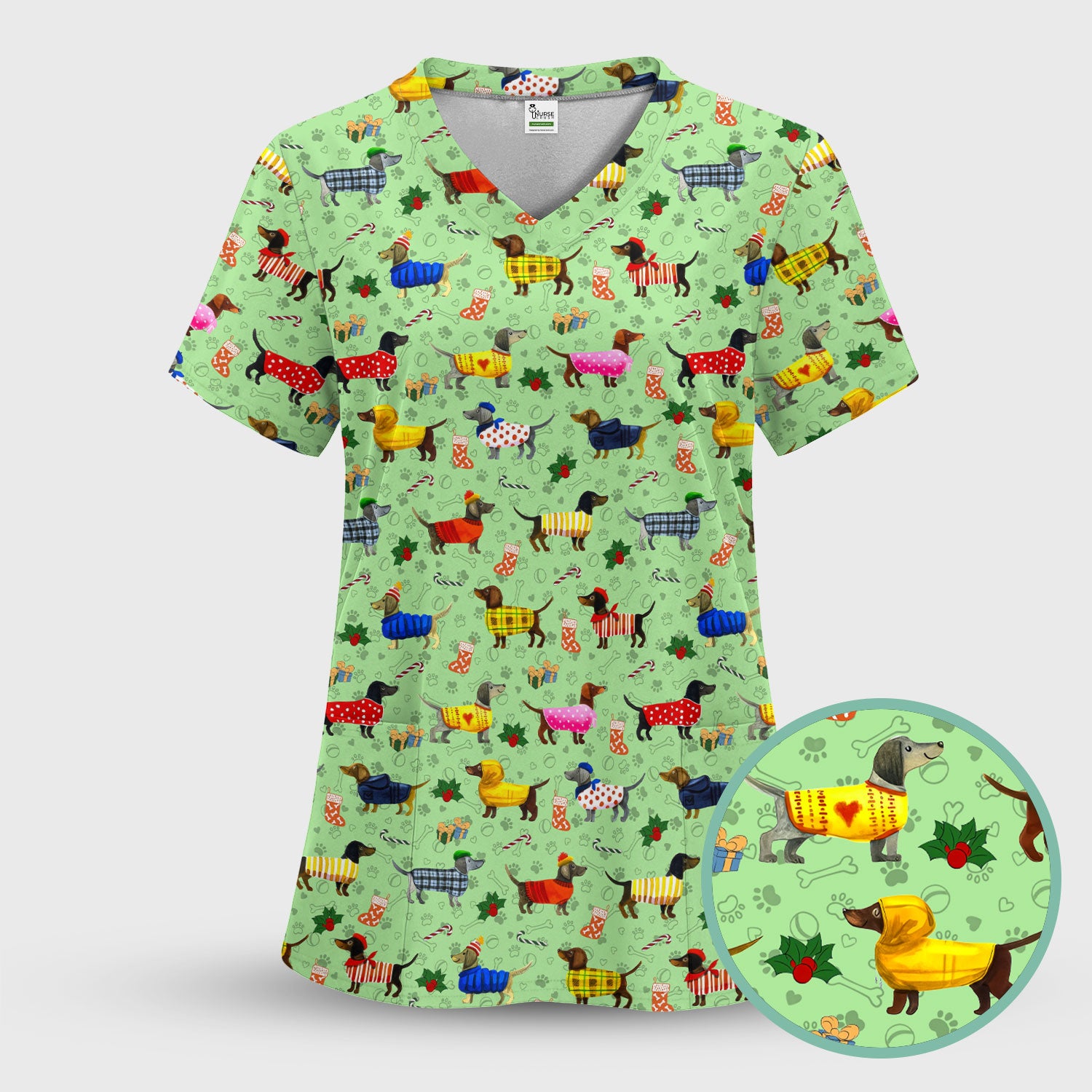 Dachshund Women Scrub Sets - Funny Wiener Dog Paw Prints Nurse Uniform - Comfortable Nursing Pants V Neck Shirt - Holiday Ugly Sweater
