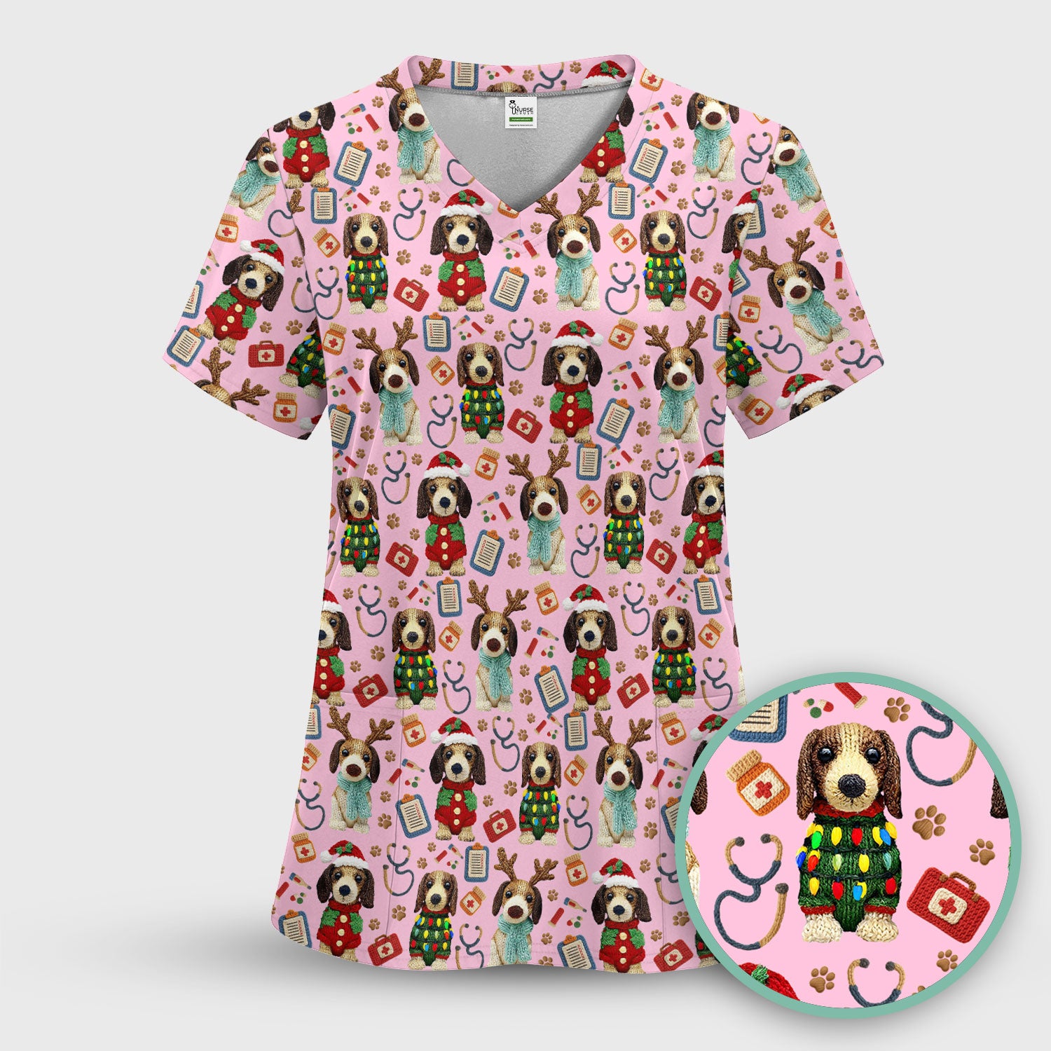 Christmas Doxie Scrubs for Women - Cute Dachshund Christmas Scrub Top for Nurses - Funny Medical Uniform Gift