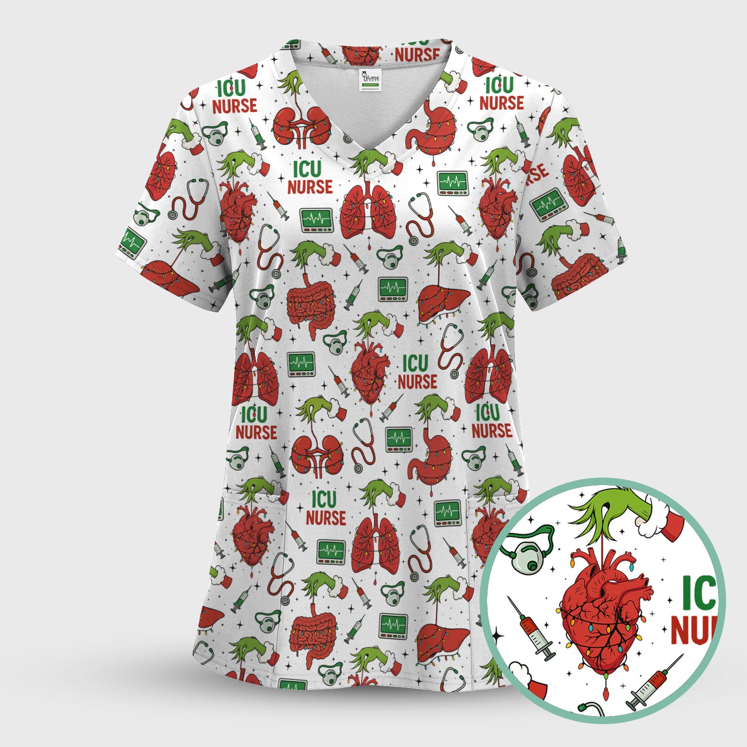 Christmas ICU Nurse Scrub Top - Funny Heart Anatomy Pattern - Holiday Nursing Shirt Gift for RN LPN CNA
