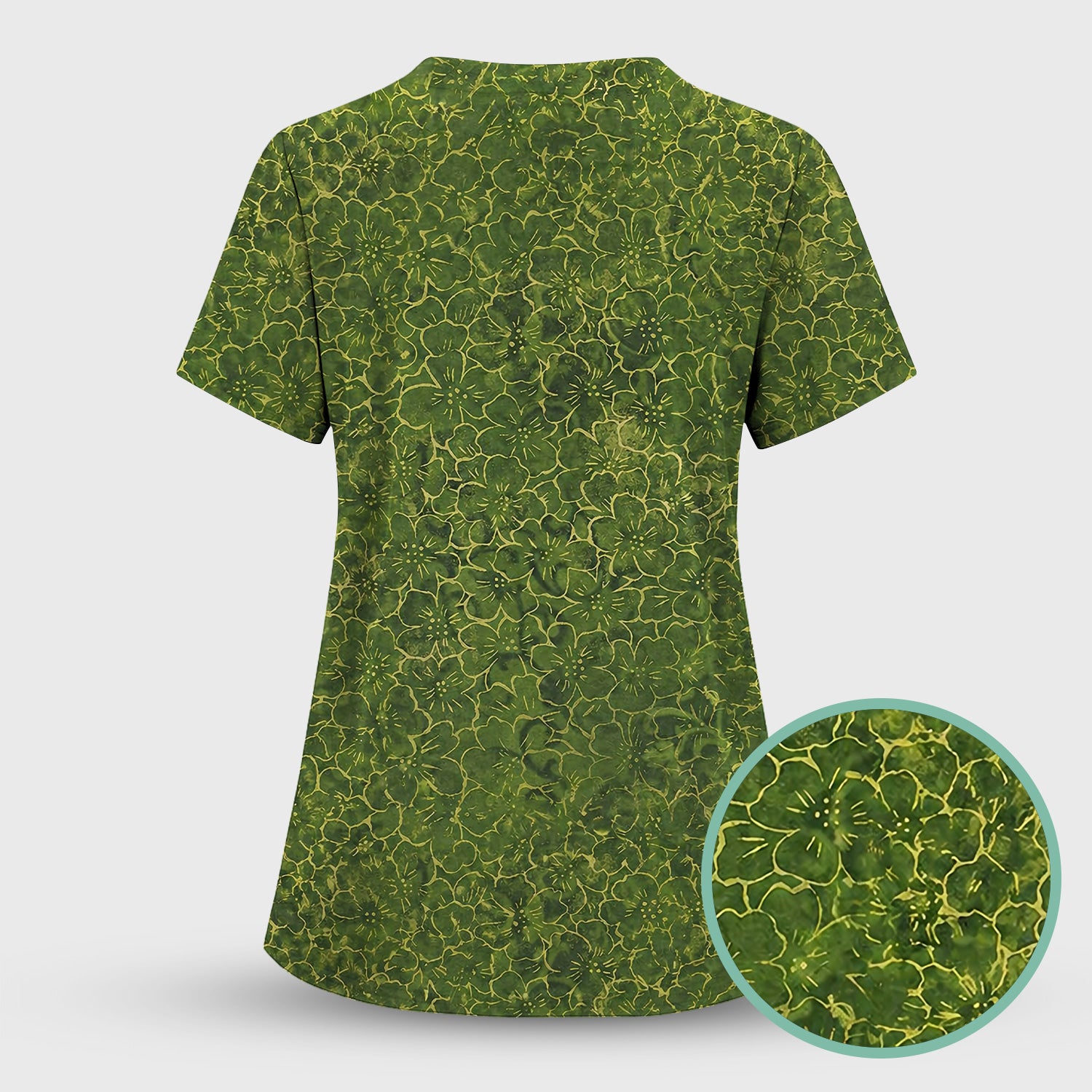 Green Floral Blossom Pattern Scrub Set, Scrub Pants and V Neck Top