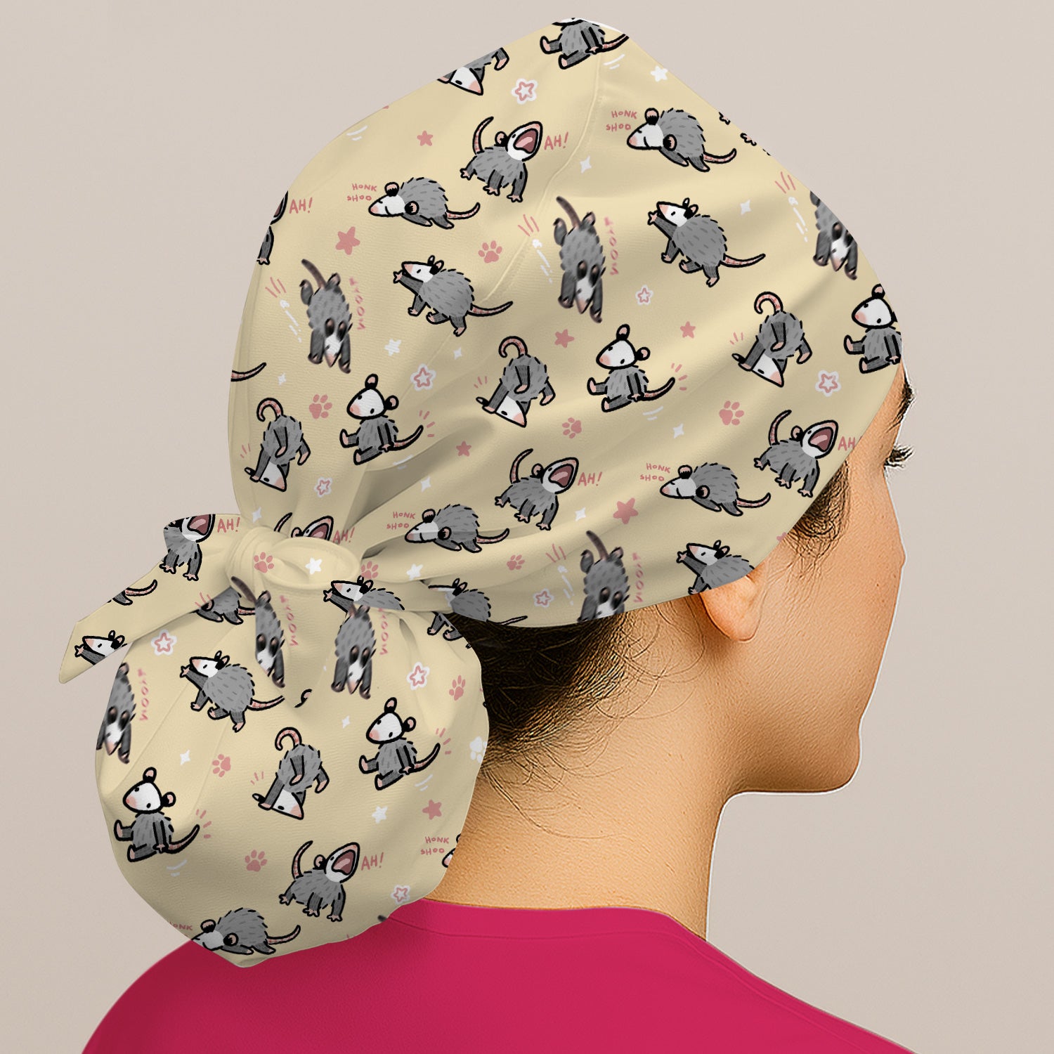 Playful Cartoon Opossum Character Pattern Cap, Bouffant Scrub Caps for Women