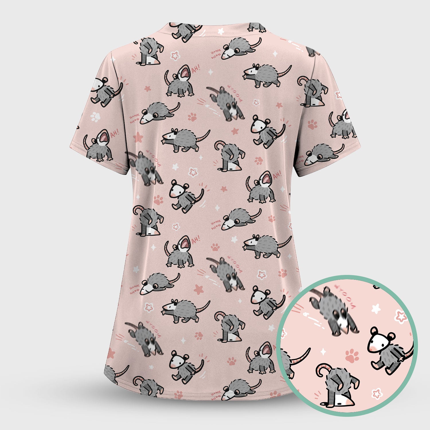 Playful Cartoon Opossum Character Pattern Scrub Top, Breathable Fabrics Nursing Uniform