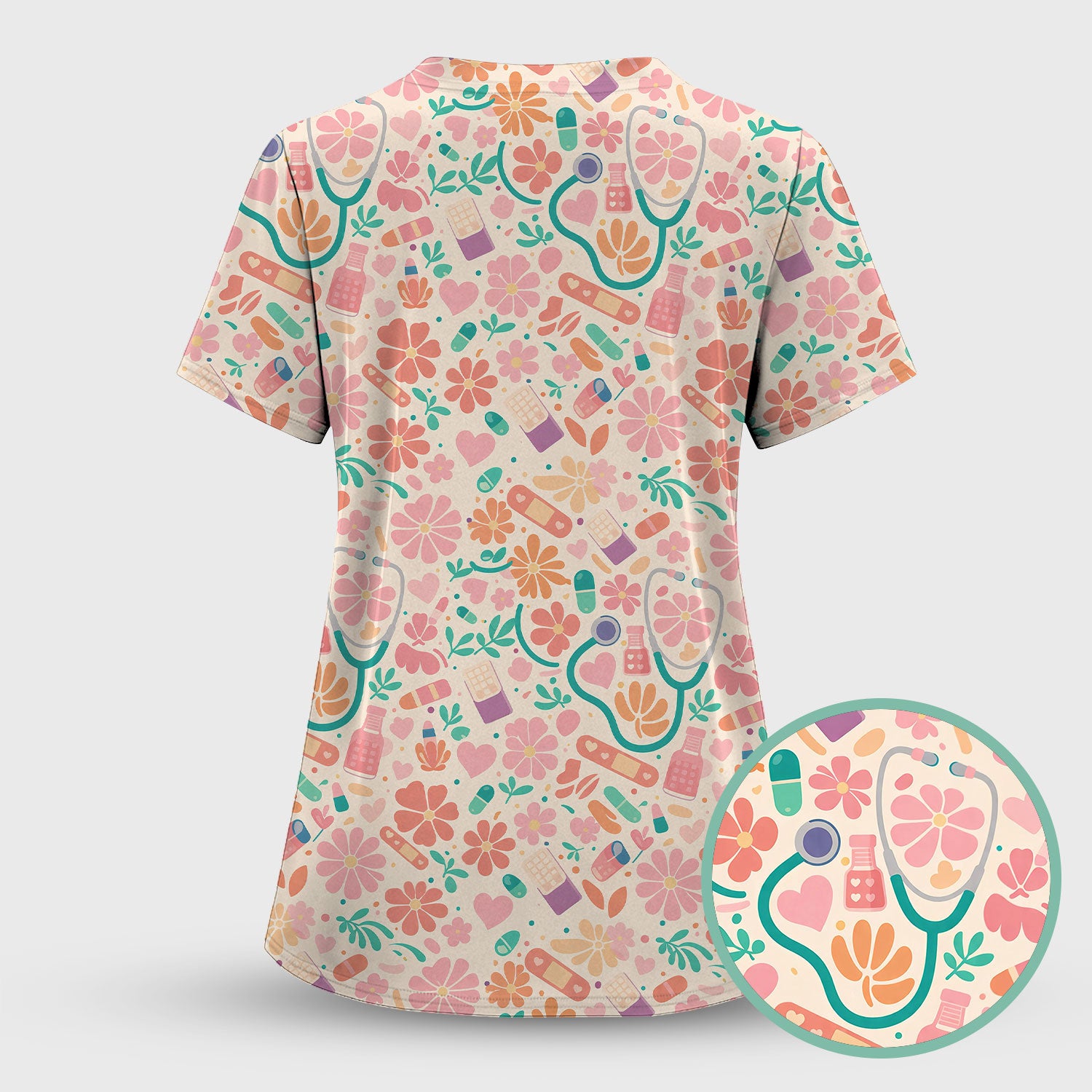 Cute Medical Floral Pattern Scrub Set, Scrub Pants and V Neck Top