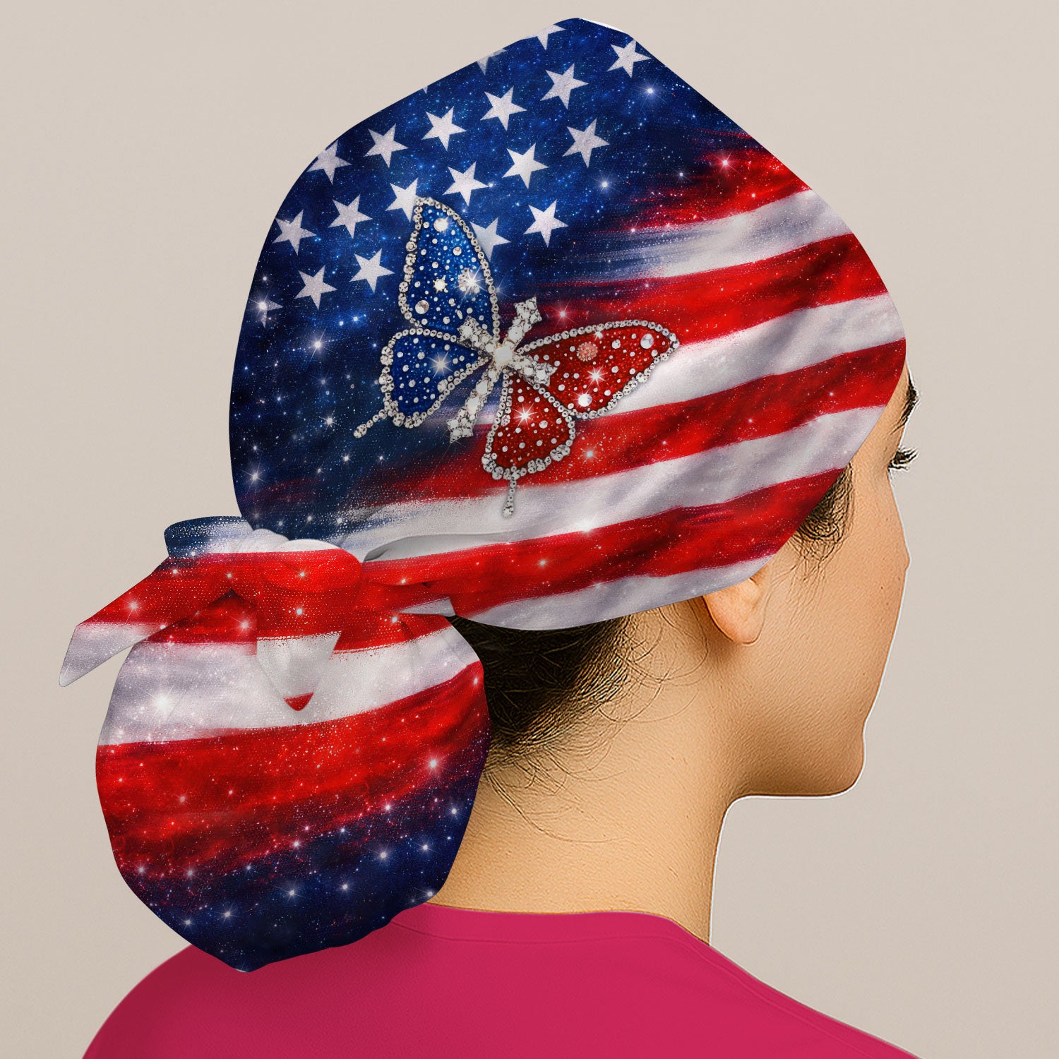 USA Flag Glitter Butterfly Rhinestone Pattern Caps, Breathable Fabrics Caps Uniform
