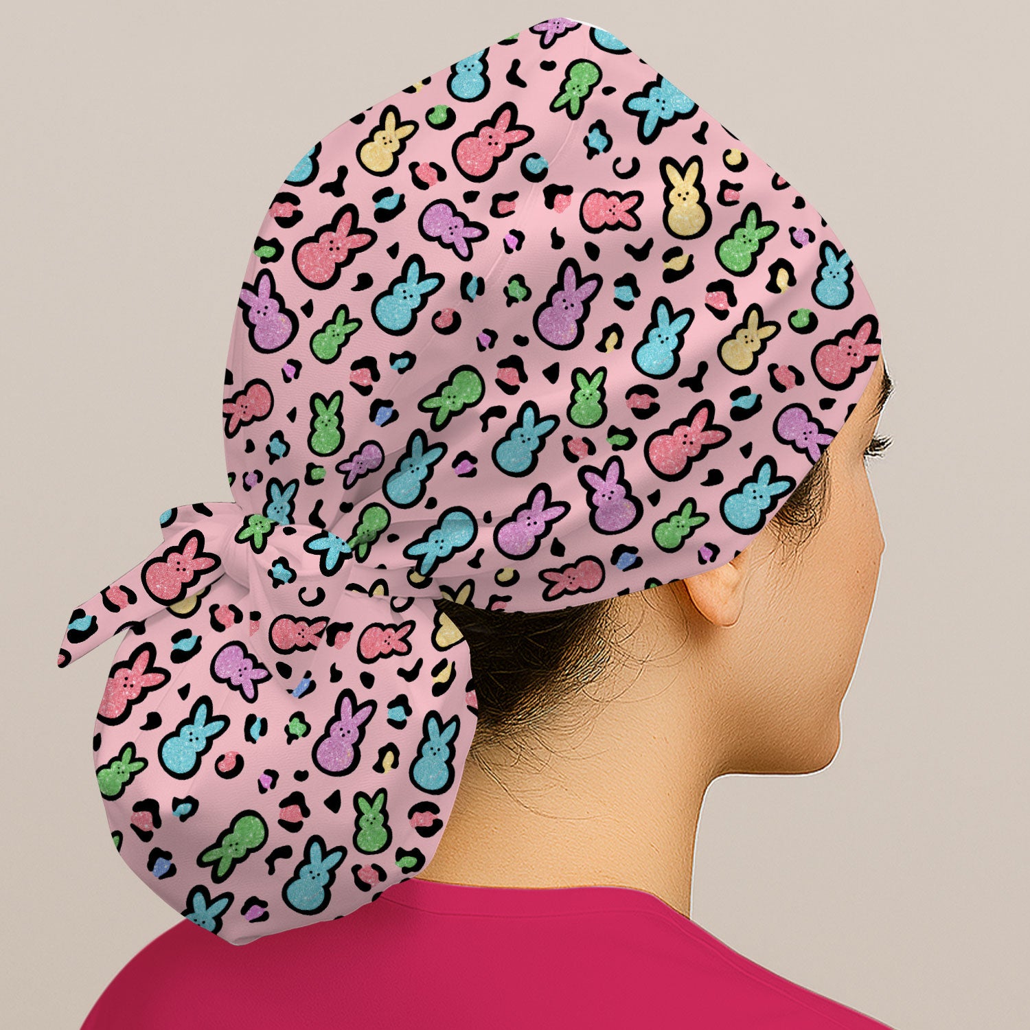 Cute Easter Bunny Pastel Pattern Print Cap, Bouffant Scrub Caps for Women