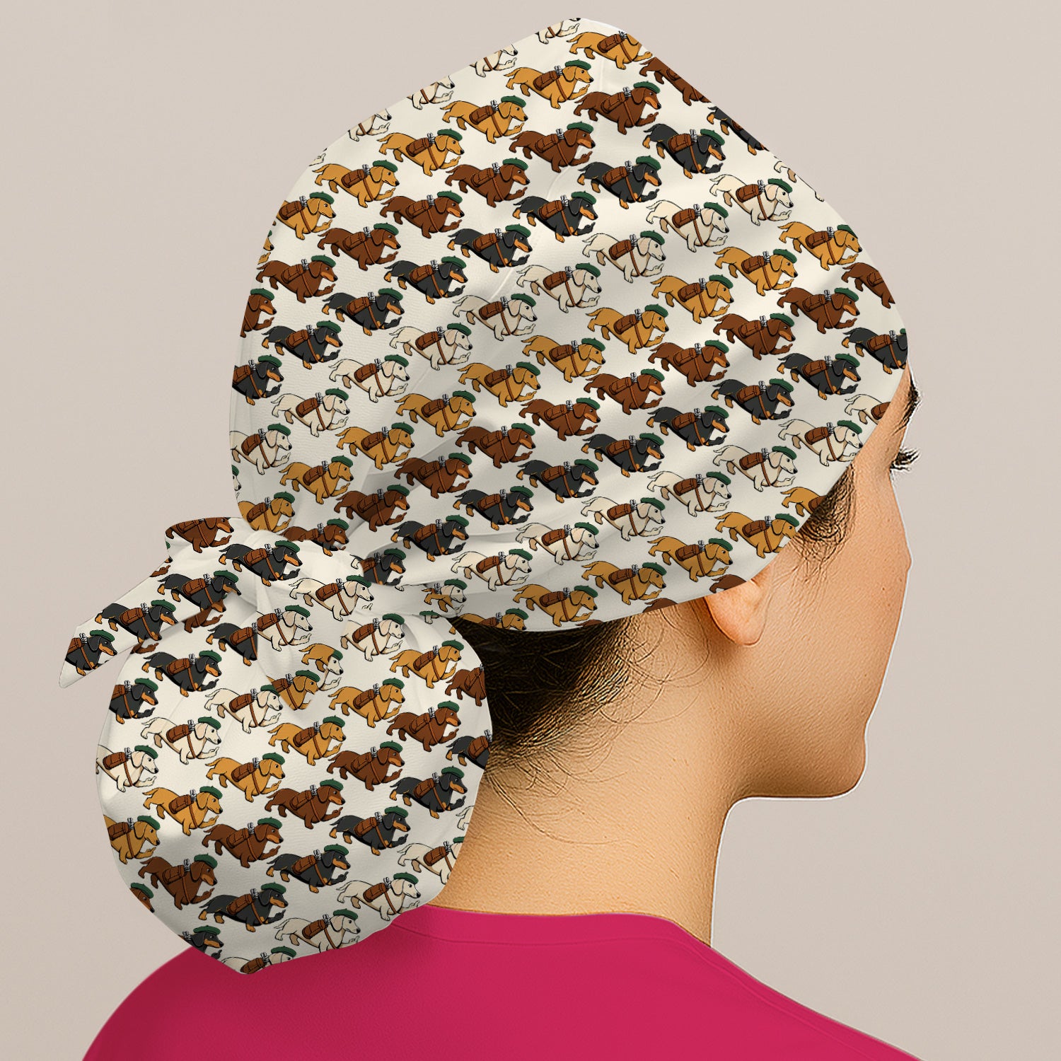 Cartoon Dachshund Dog Wearing Hat And Backpack Pattern Scrub Cap, Surgical Caps for Doctors