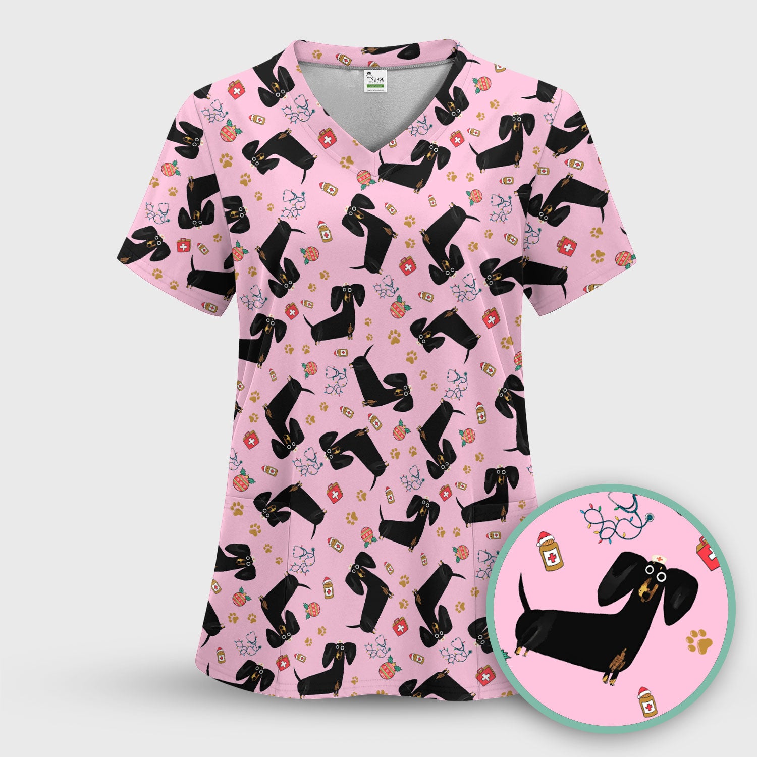 Funny Black Dachshund Scrub Top for Nurses - Cute Wiener Dog Medical Shirt - Puppy Lover Nursing Gift for Women