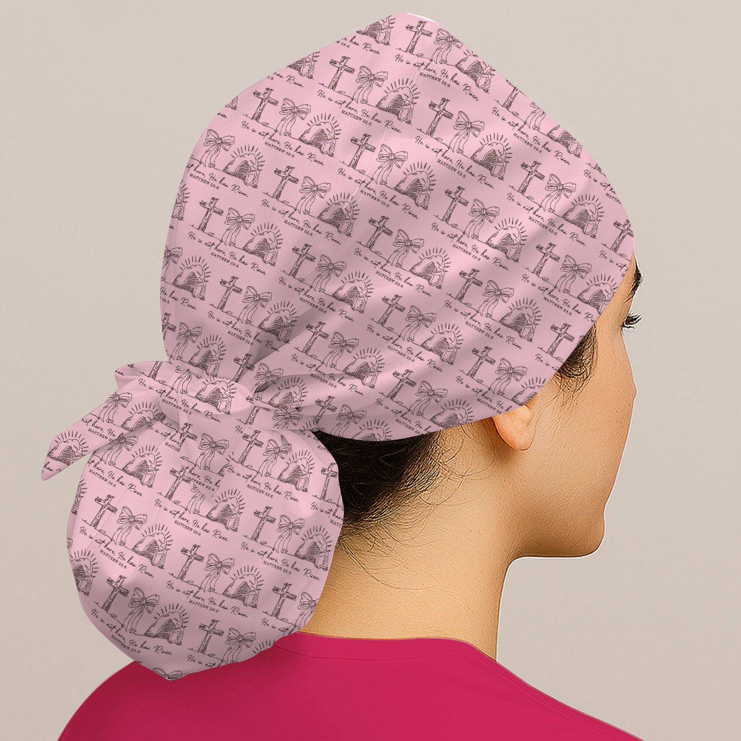 Christian Cross He Is Risen Pattern Caps, Bouffant Scrub Caps for Women