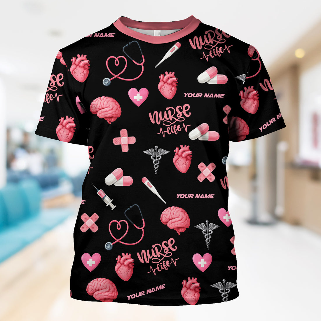 Personalized Nurse Life Shirt - Cute Medical Pattern with Heart Brain Pills Stethoscope - Custom Name Gift for RN CNA LPN Women in Healthcare and Nursing Profession