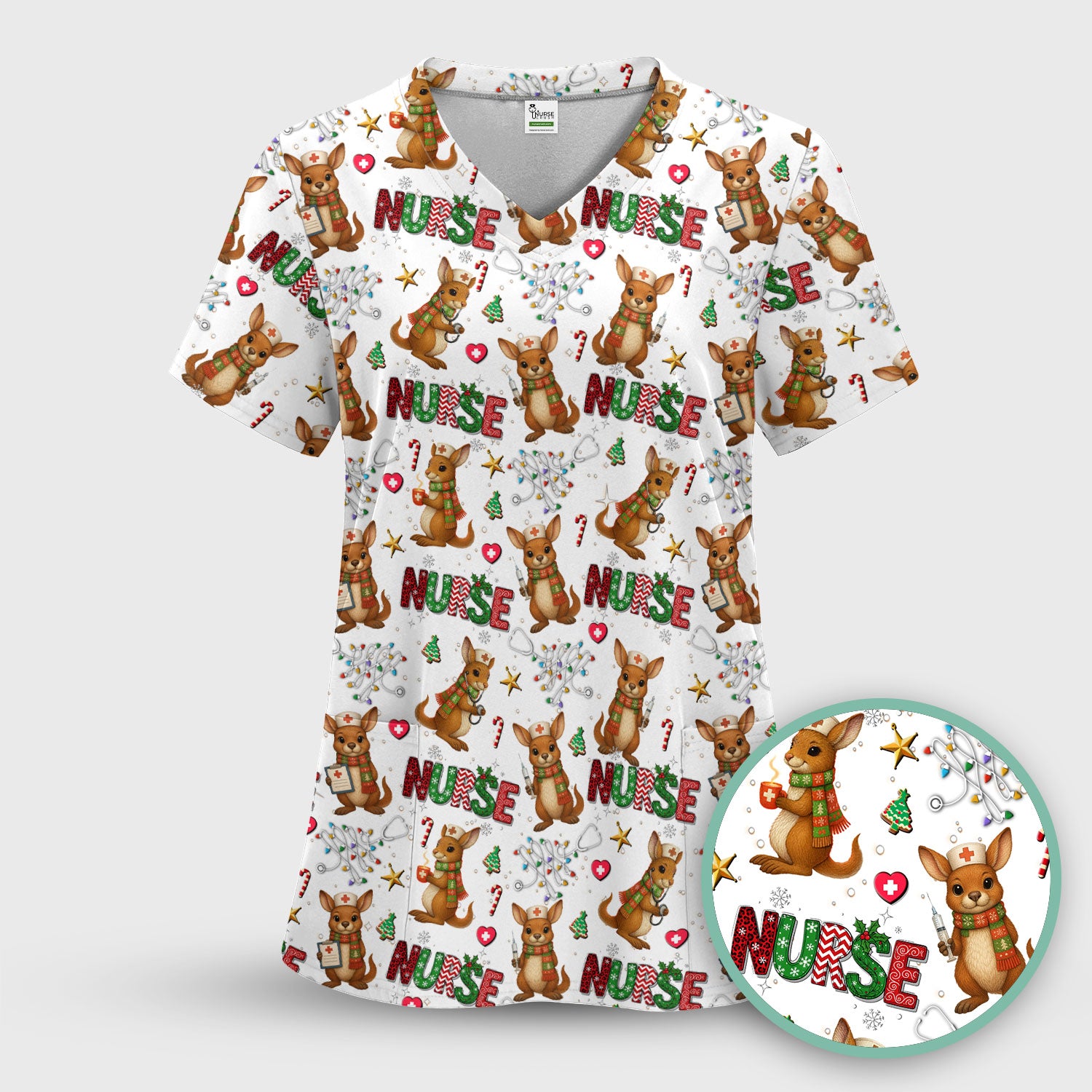Aussie Kangaroo Christmas Scrub Top - Funny Holiday Nurse Shirt for Women - Cute Animal Medical Uniform