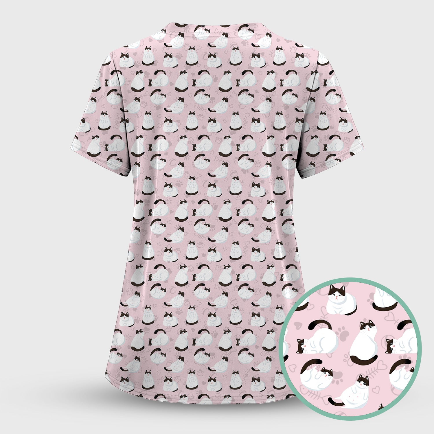 Cute Cat Pattern Medical Scrub Top, Breathable Fabrics Nursing Uniform
