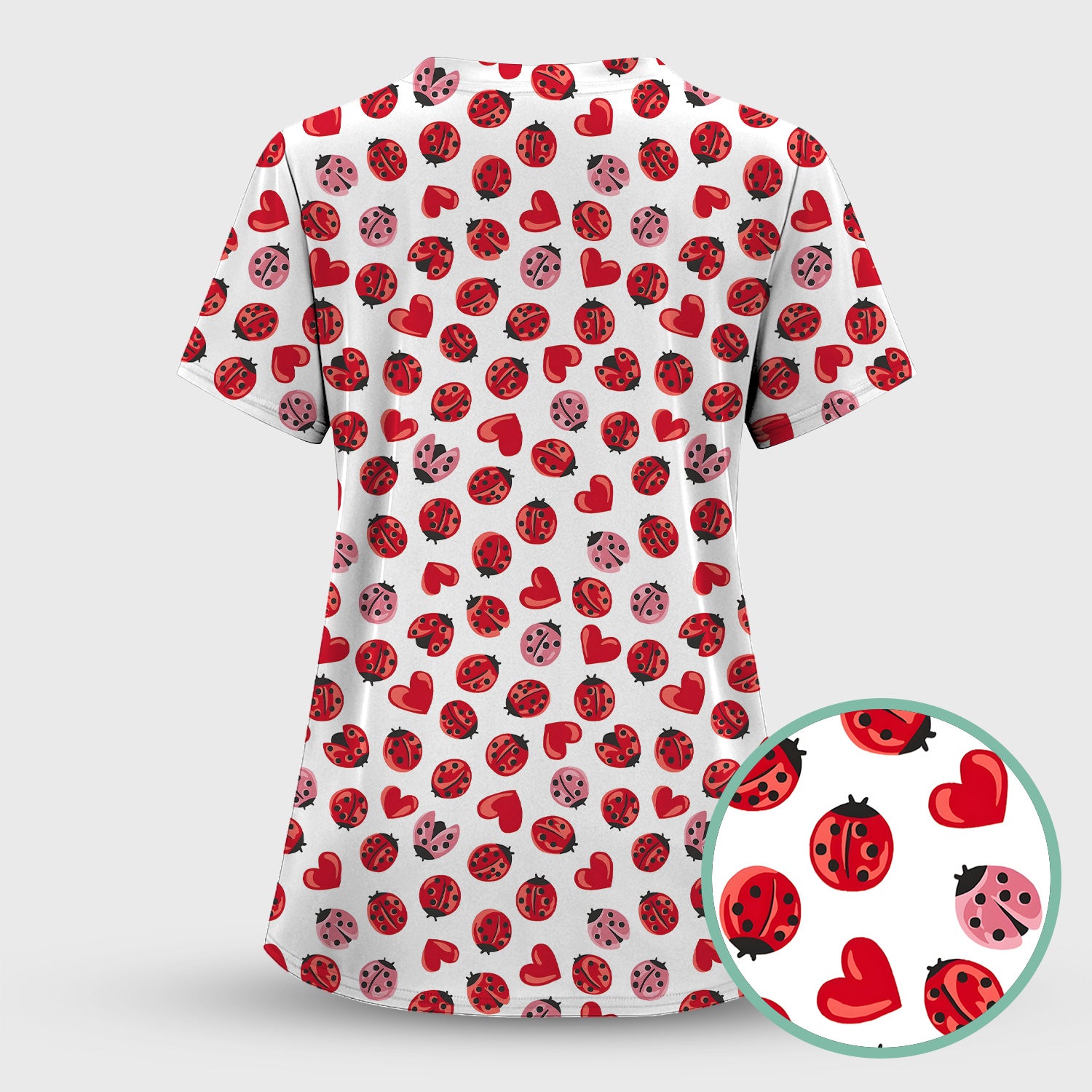 Cute Ladybug and Red Heart All Over Print Scrub Top, Comfortable Scrubs for Nurses