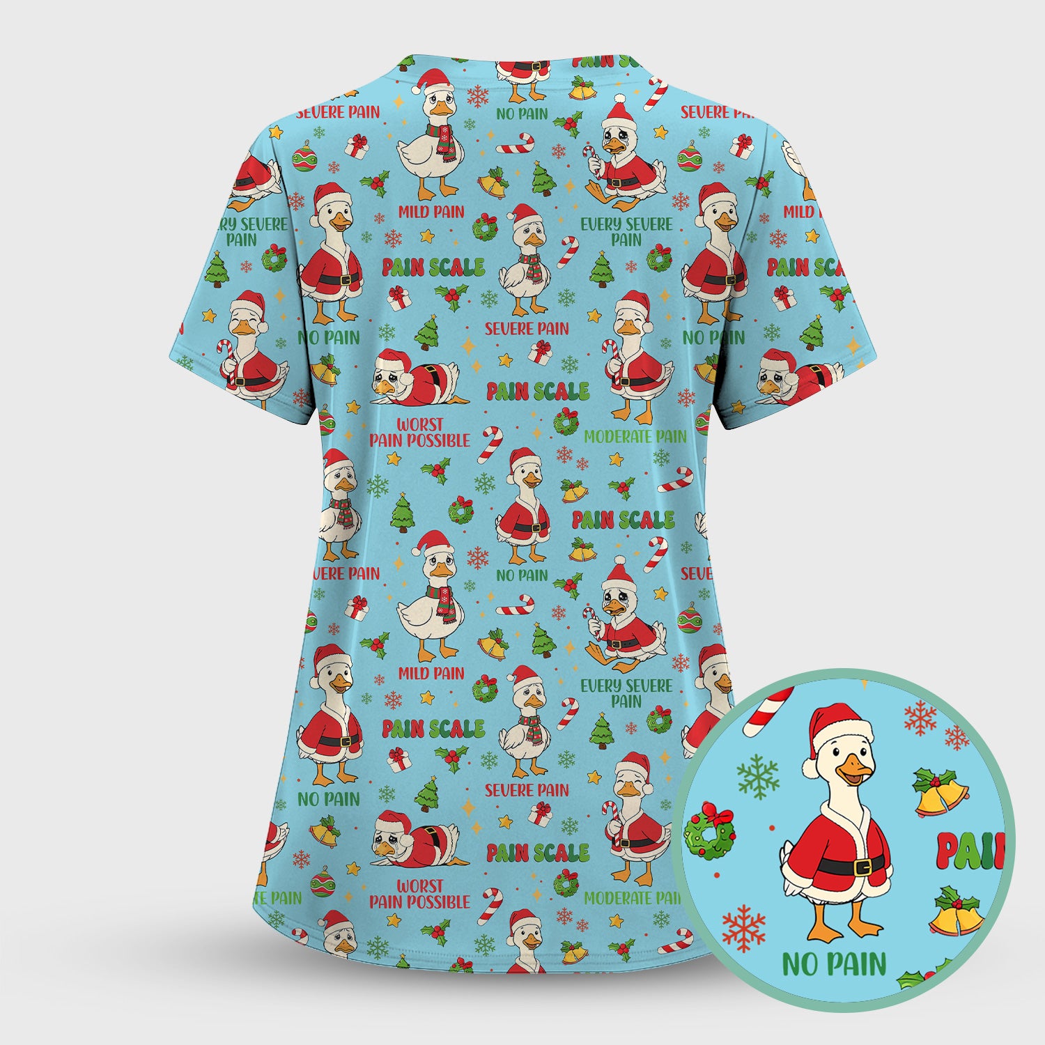 Funny Goose Christmas Scrub Top - Pain Scale Nurse Pattern Shirt - Cute Holiday Medical Scrubs for Women