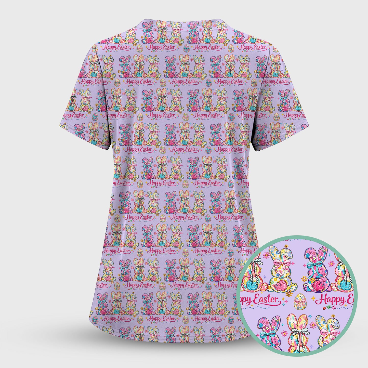 Pink Happy Easter Bunny Pattern Scrub Set, Scrub Pants and V Neck Top