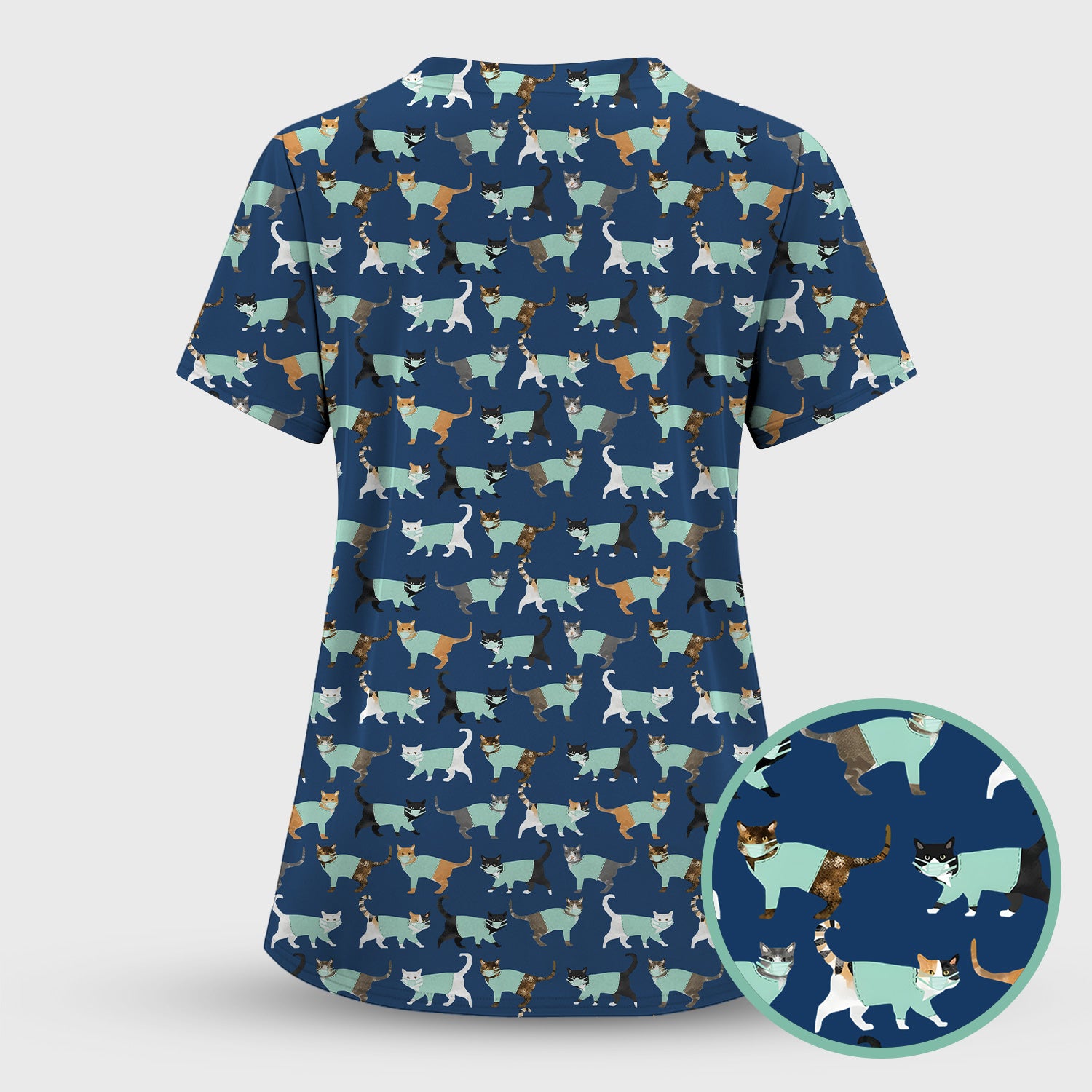 Playful Cat Nurse All Over Print Scrub Set, Scrub Pants and V Neck Top