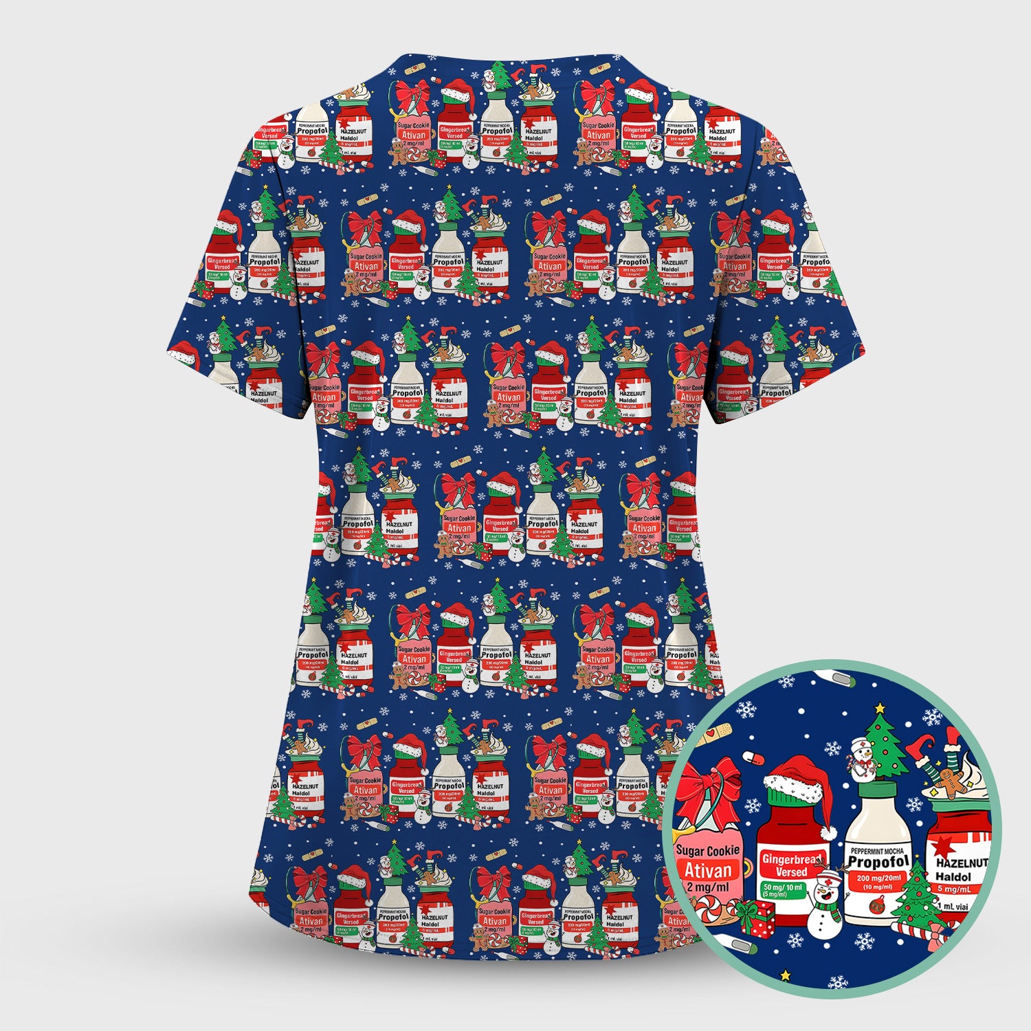 Funny Christmas Medication Scrub Top – Festive Holiday Pharma Bottles Pattern – Playful Medical Uniform for Nurses, Pharmacists & Healthcare Workers