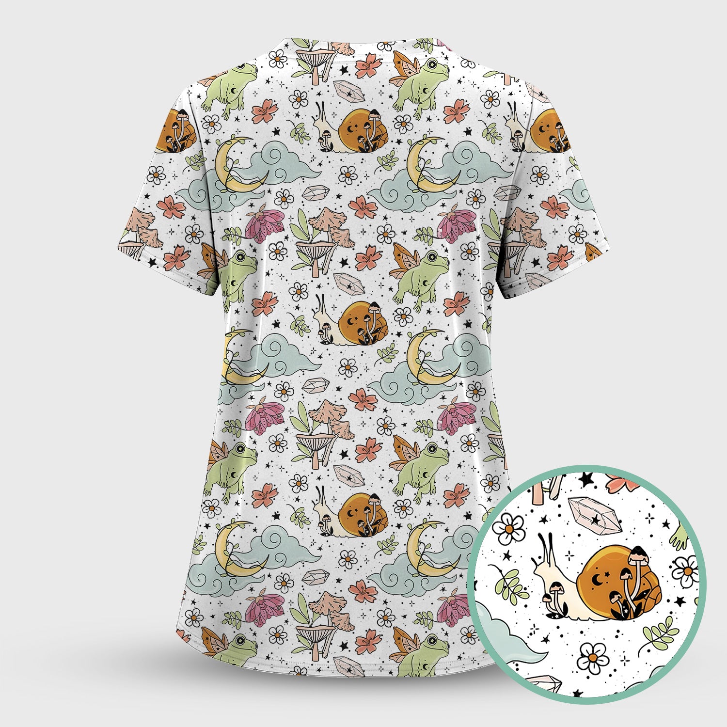 Whimsical Frog Moon Mushroom Pattern Scrub Top, Fantasy Nature Print, Breathable Fabrics Nursing Uniform
