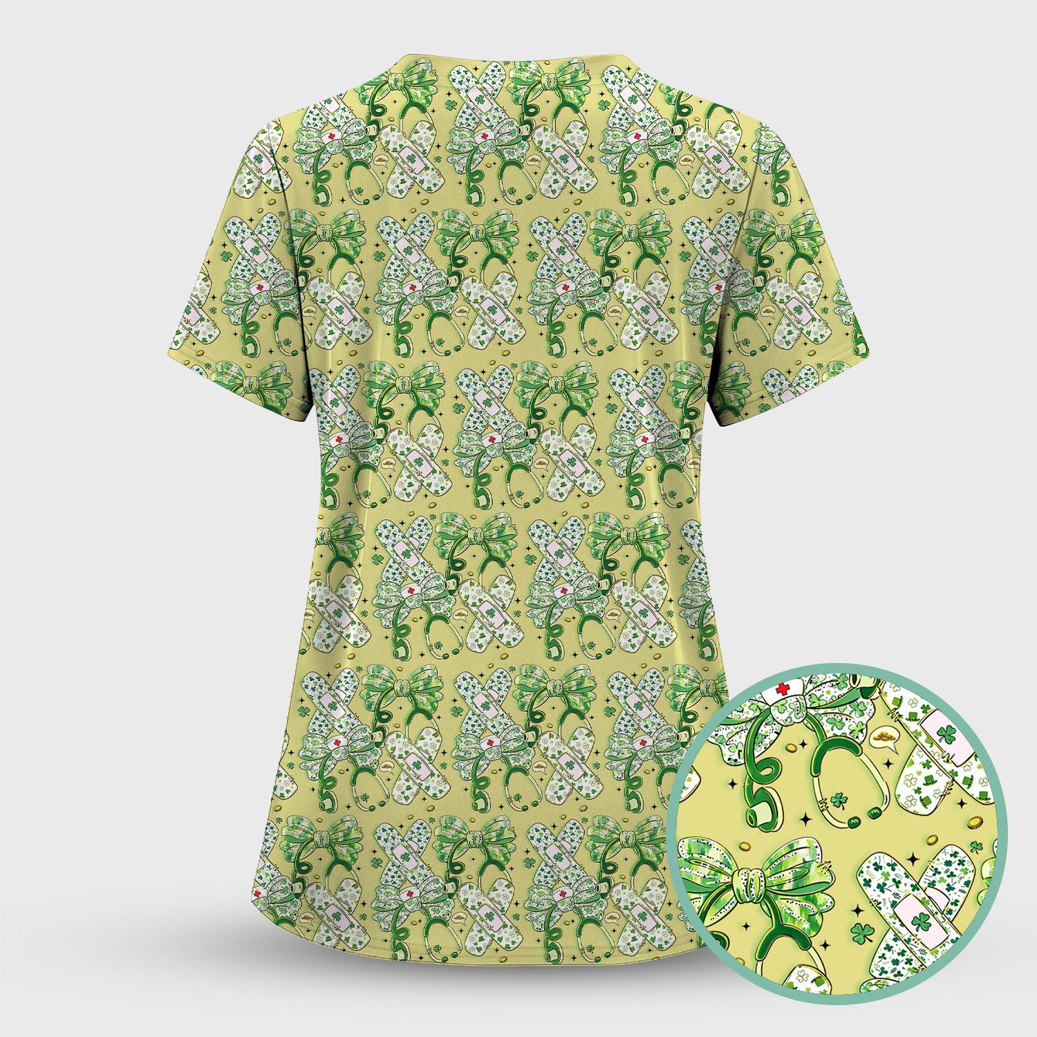St Patrick Shamrock Stethoscope Bow Print Scrub Set, Breathable Med Uniform