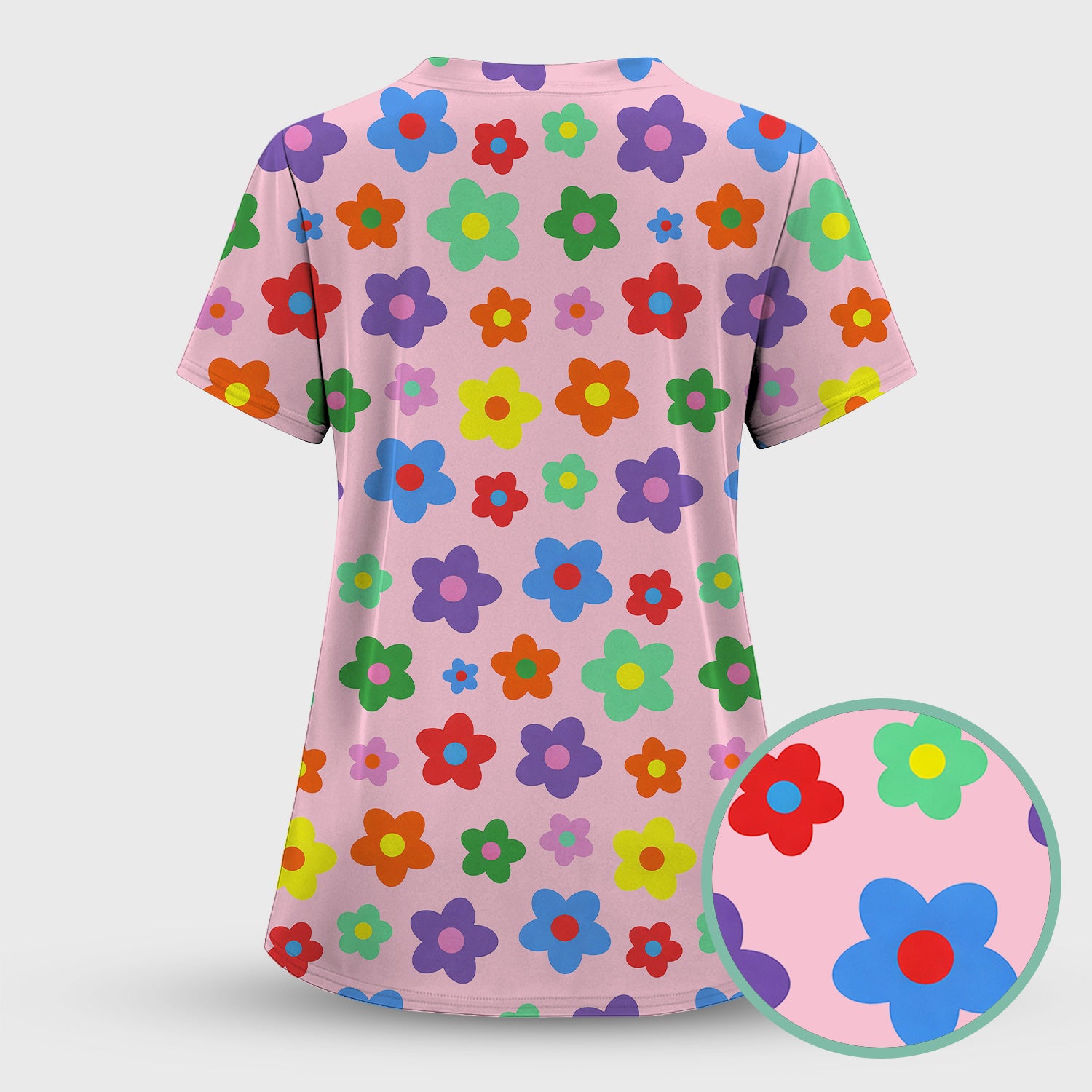 Colorful Retro Flower Pattern Print Scrub Top, Breathable Fabrics Nursing Uniform