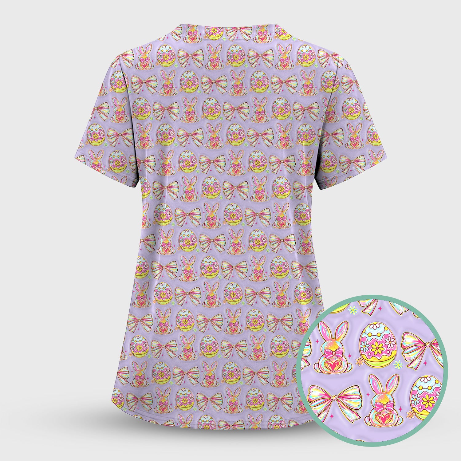 Easter Bunny Pastel Egg Bow Pattern Scrub Top, Breathable Fabrics Nursing Uniform