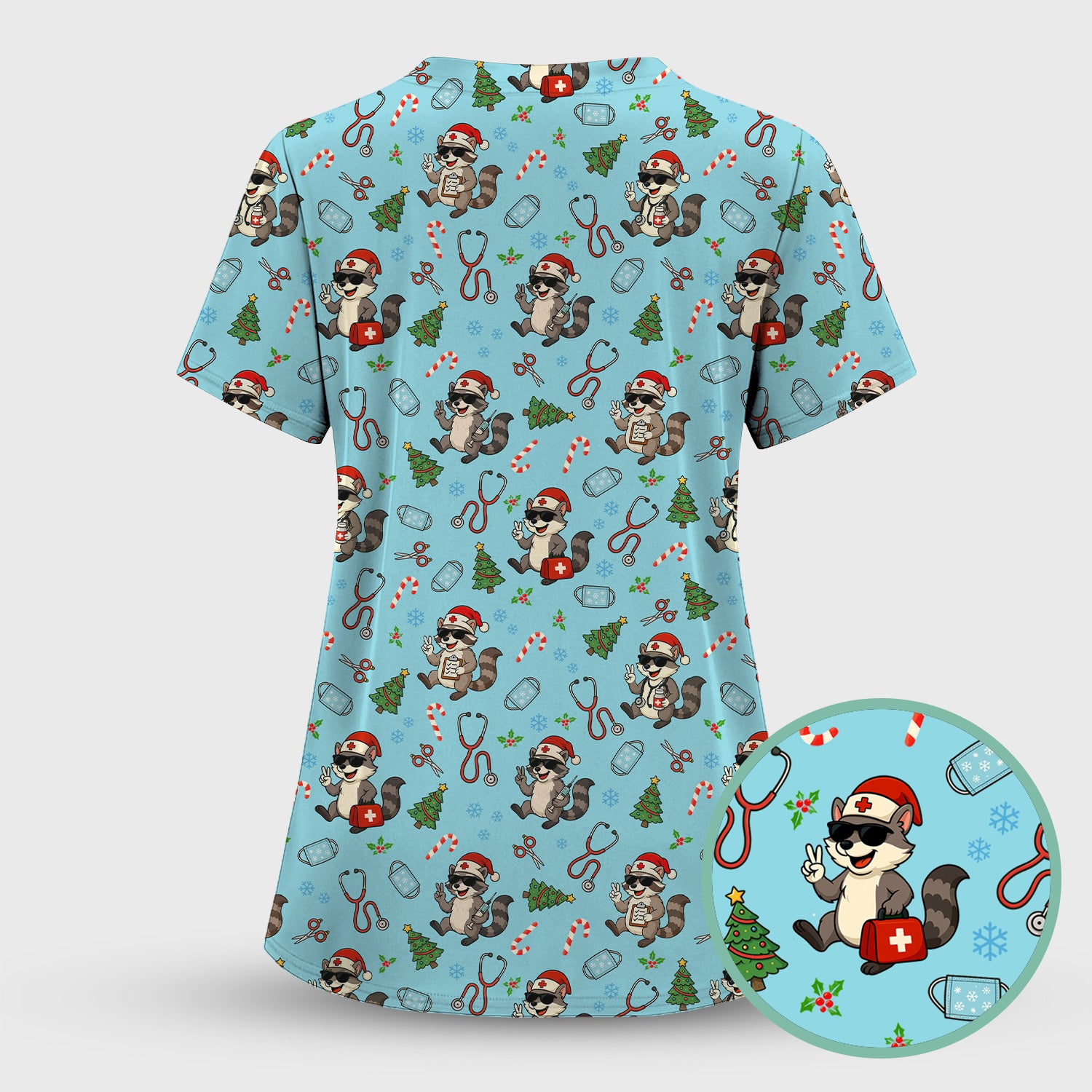 Funny Christmas Nurse Scrub Set - Raccoon Pattern with Santa Hat, Stethoscope and Tree - Cute Holiday Medical Scrubs Pants and Top Gift for RN CNA LPN