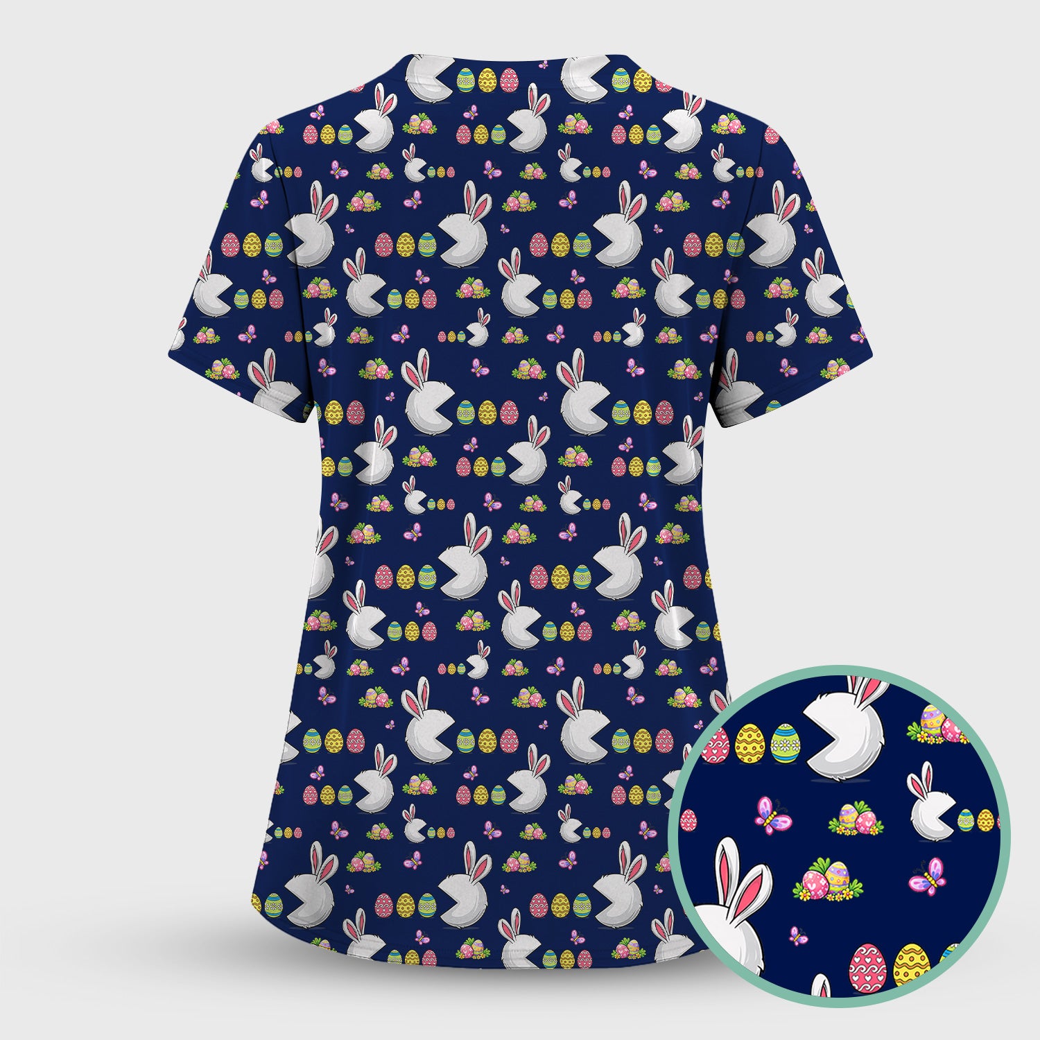 Easter Bunny and Colorful Eggs Print Scrub Top, Breathable Fabrics Nursing Uniform
