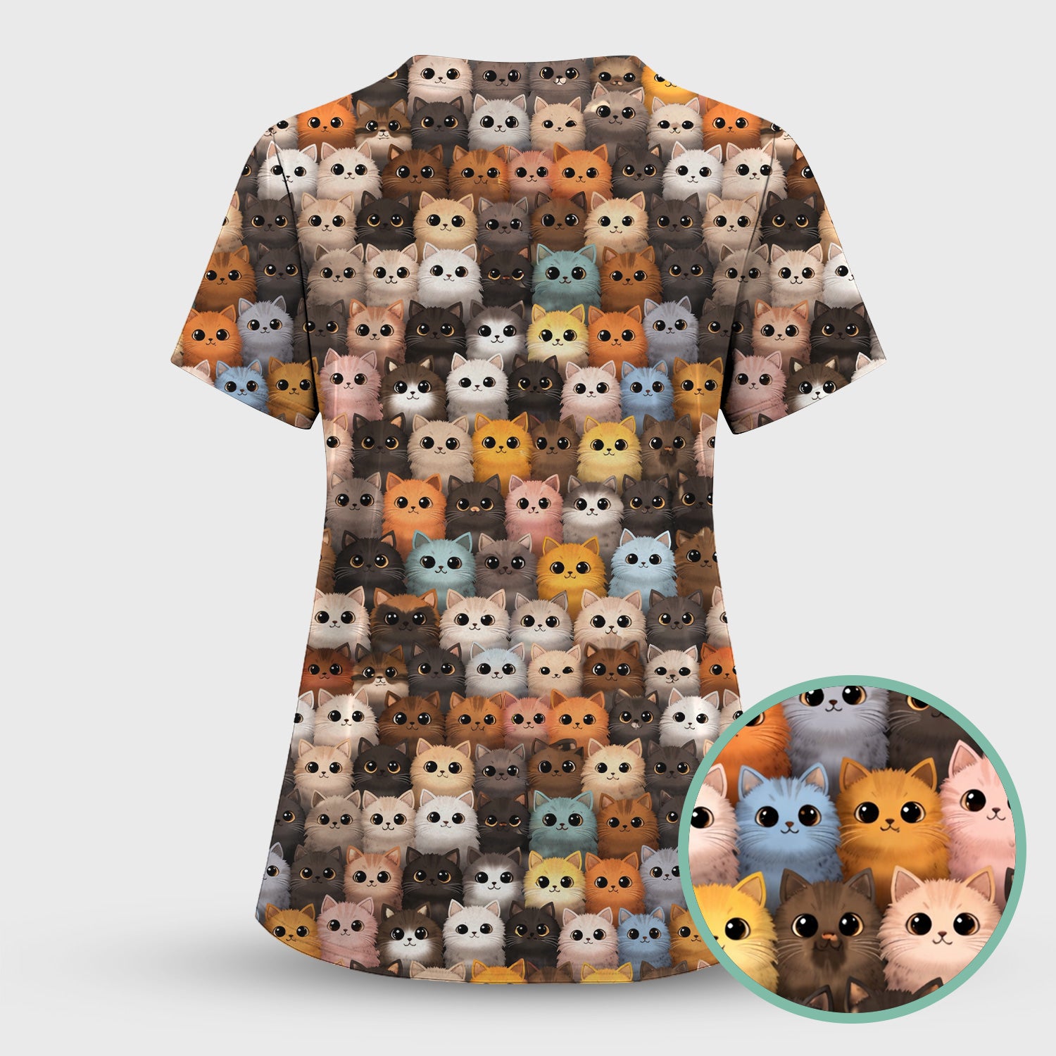 Cute Colorful Cat Pattern Scrub Top, Lightweight Medical Work Uniform