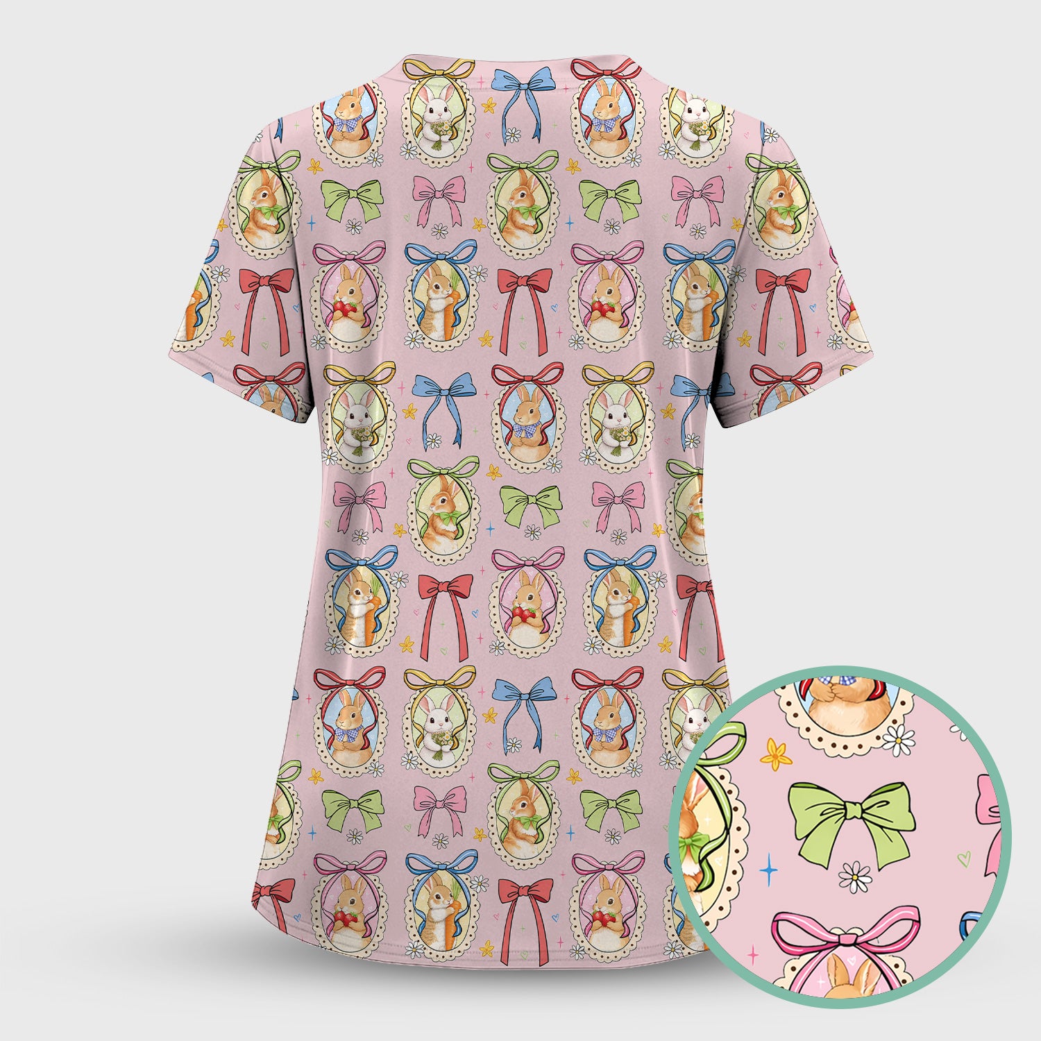 Cute Easter Bunny Cameo Colorful Bow Pattern Scrub Top, Breathable Fabrics Nursing Uniform