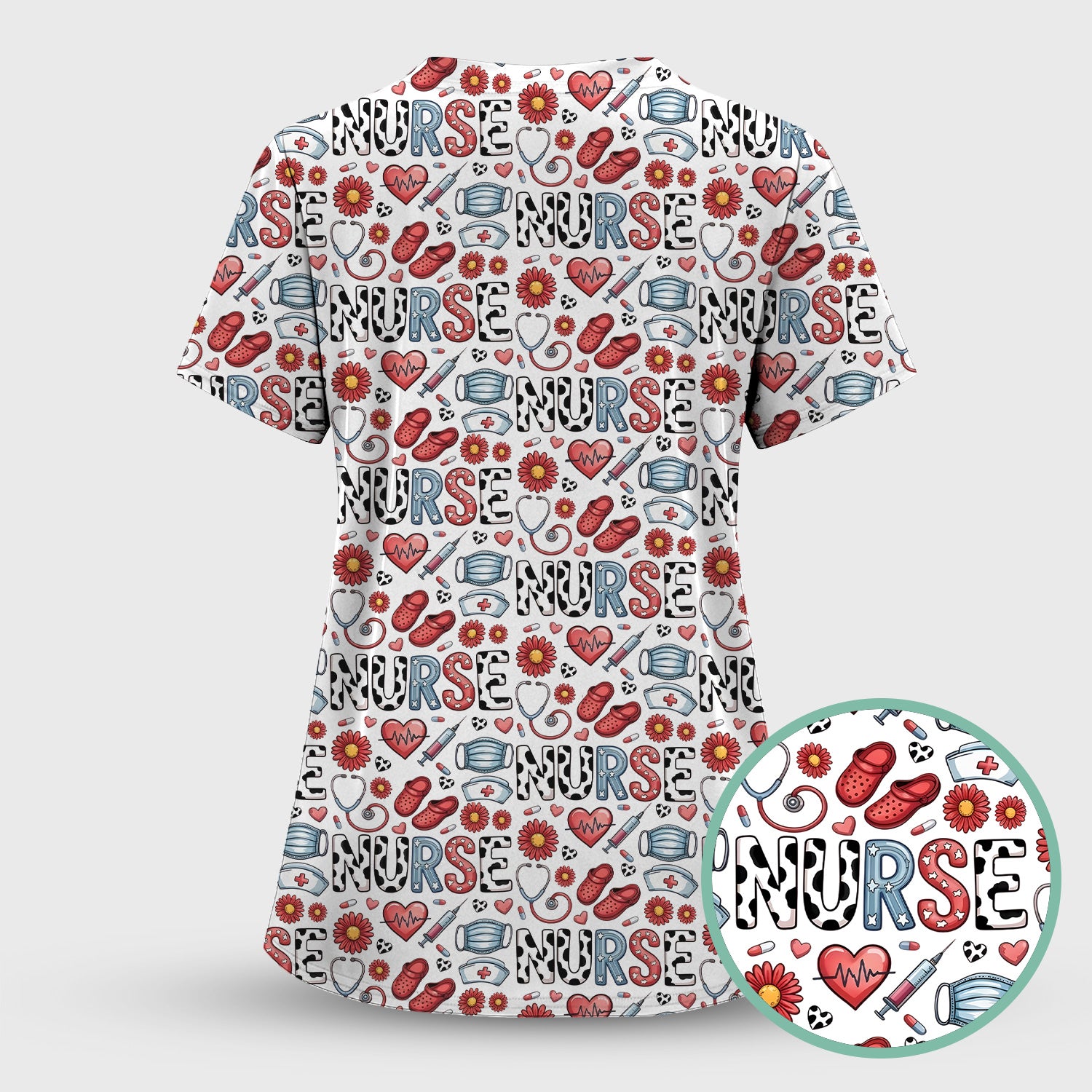Cute Nurse Medical Icon Pattern Scrub Set, Scrub Pants and V Neck Top