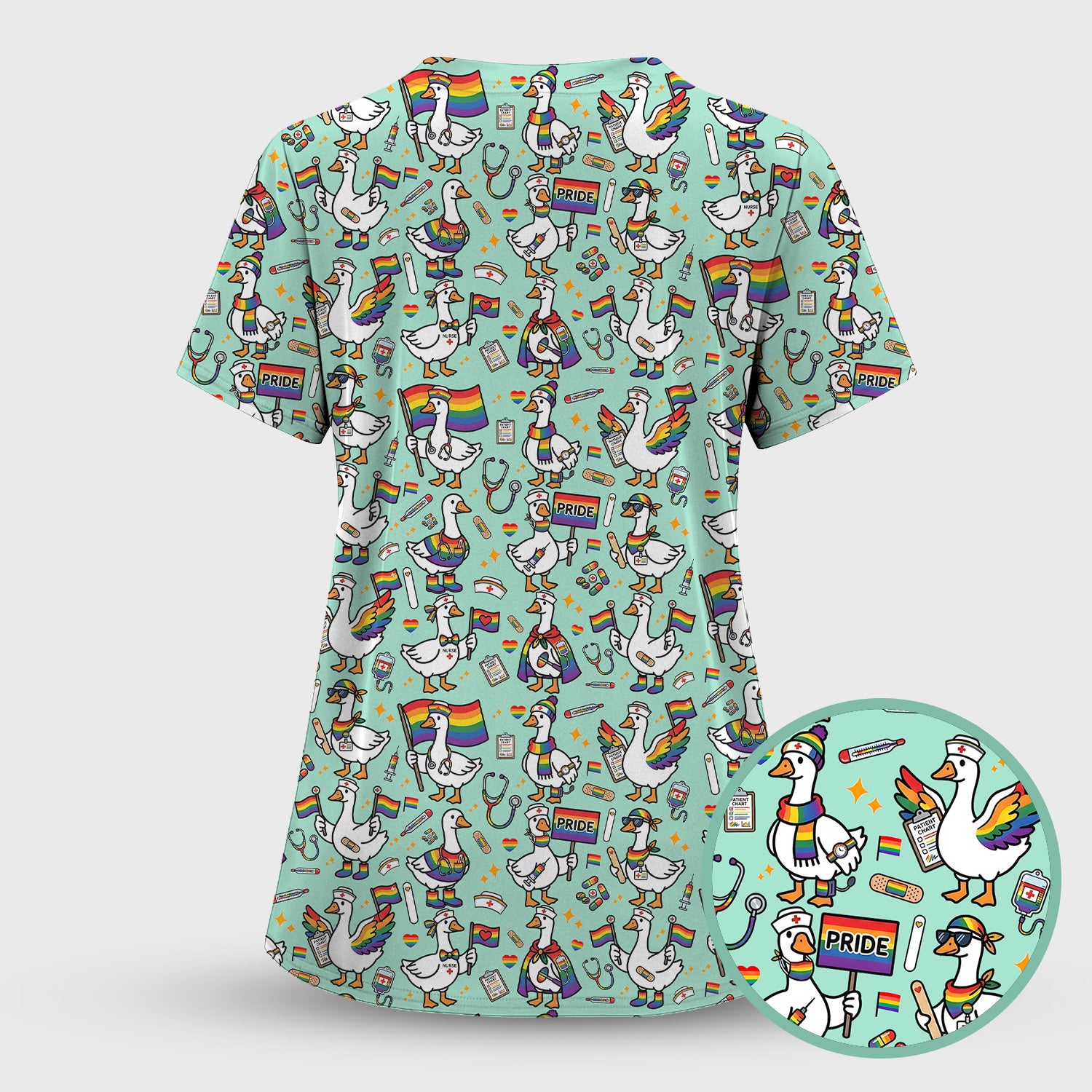 LGBT Pride Nurse Duck Pattern Scrub Top, Breathable Fabrics Nursing Uniform
