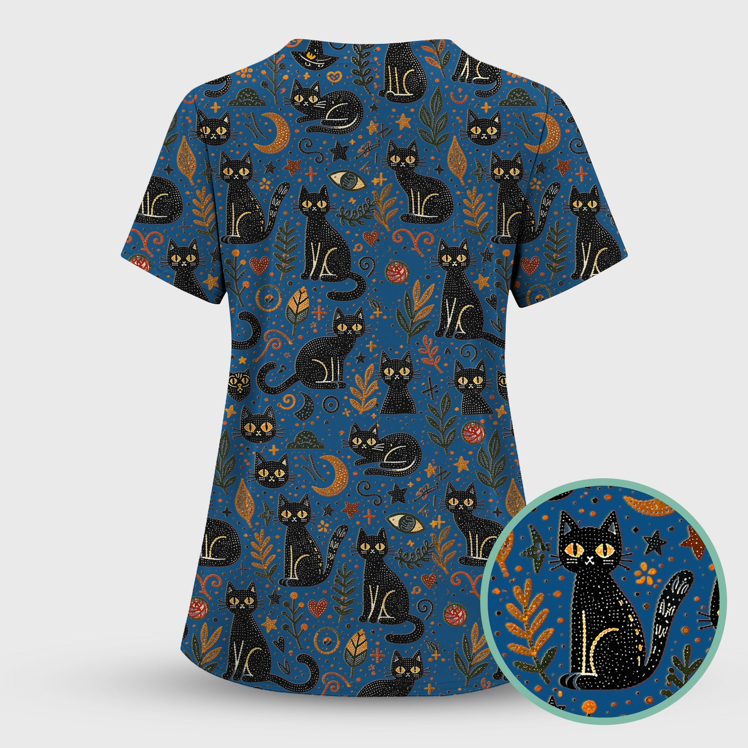 Mystic Black Cat Celestial Doodle Pattern Scrub Top, Comfortable Scrubs for Nurses