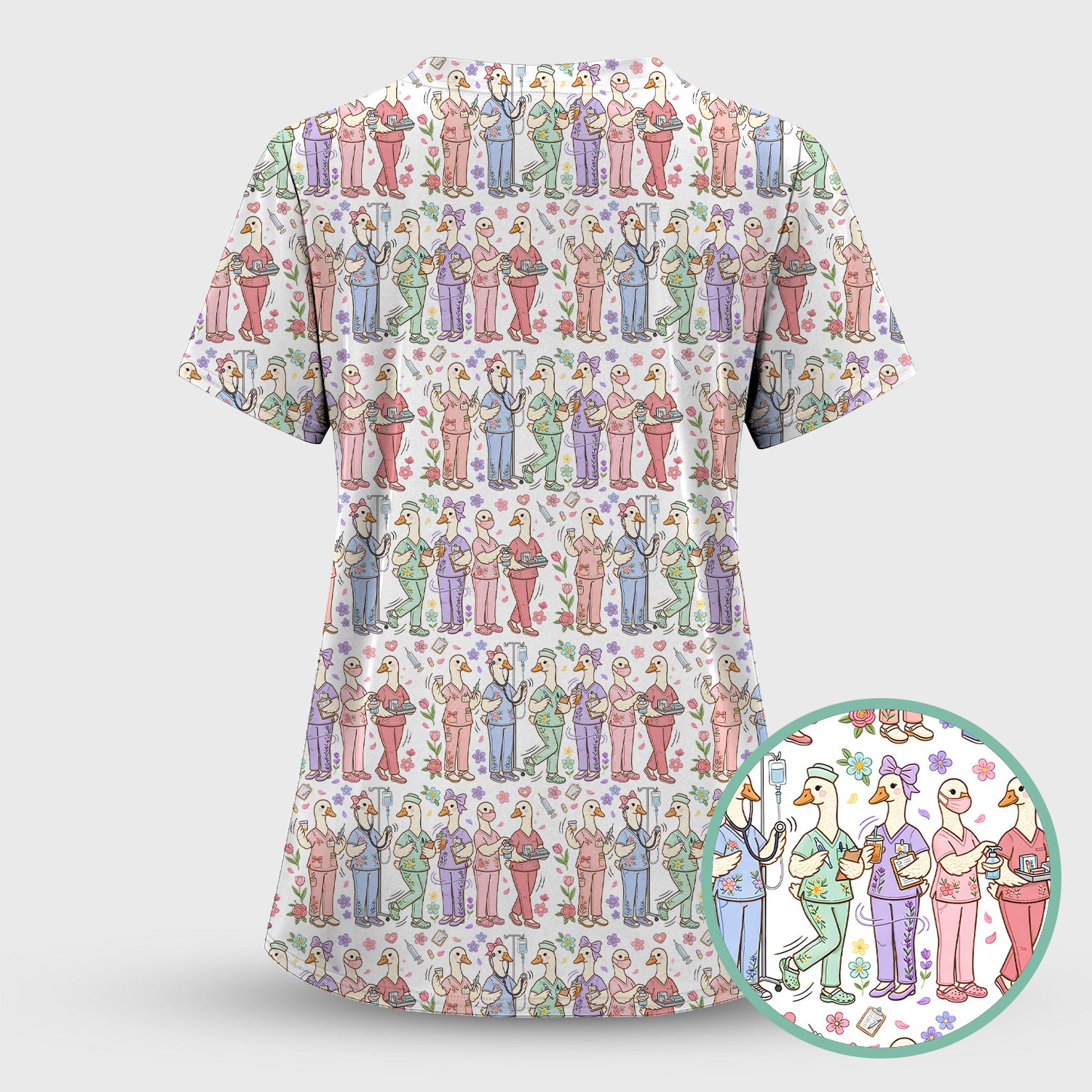 Goose Characters Floral Medical Team Uniform Pattern Scrub Top, Breathable Fabrics Nursing Uniform