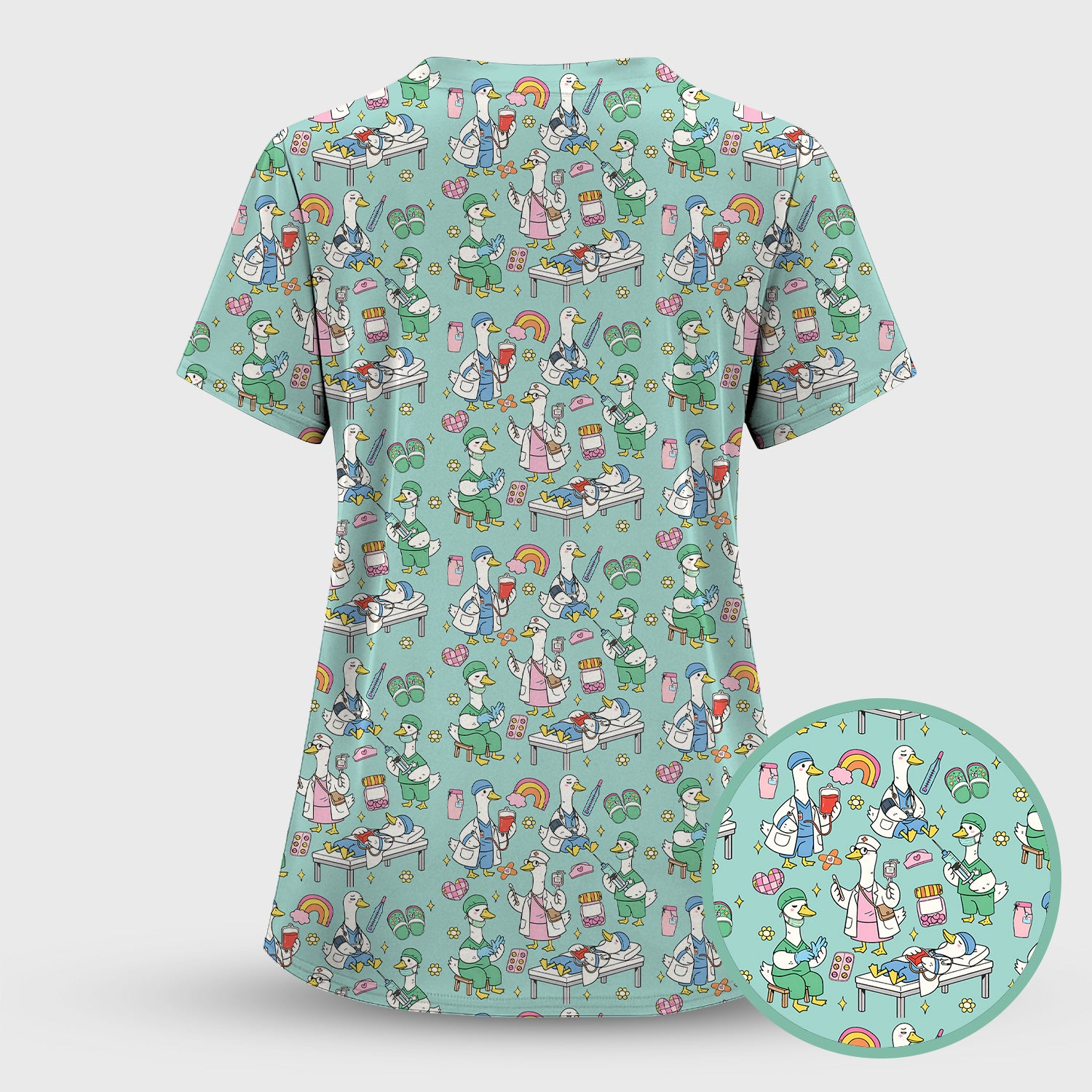Funny Nurse Duck Medical Doodle Pattern Scrub Top, Comfortable Nurse Workwear Top
