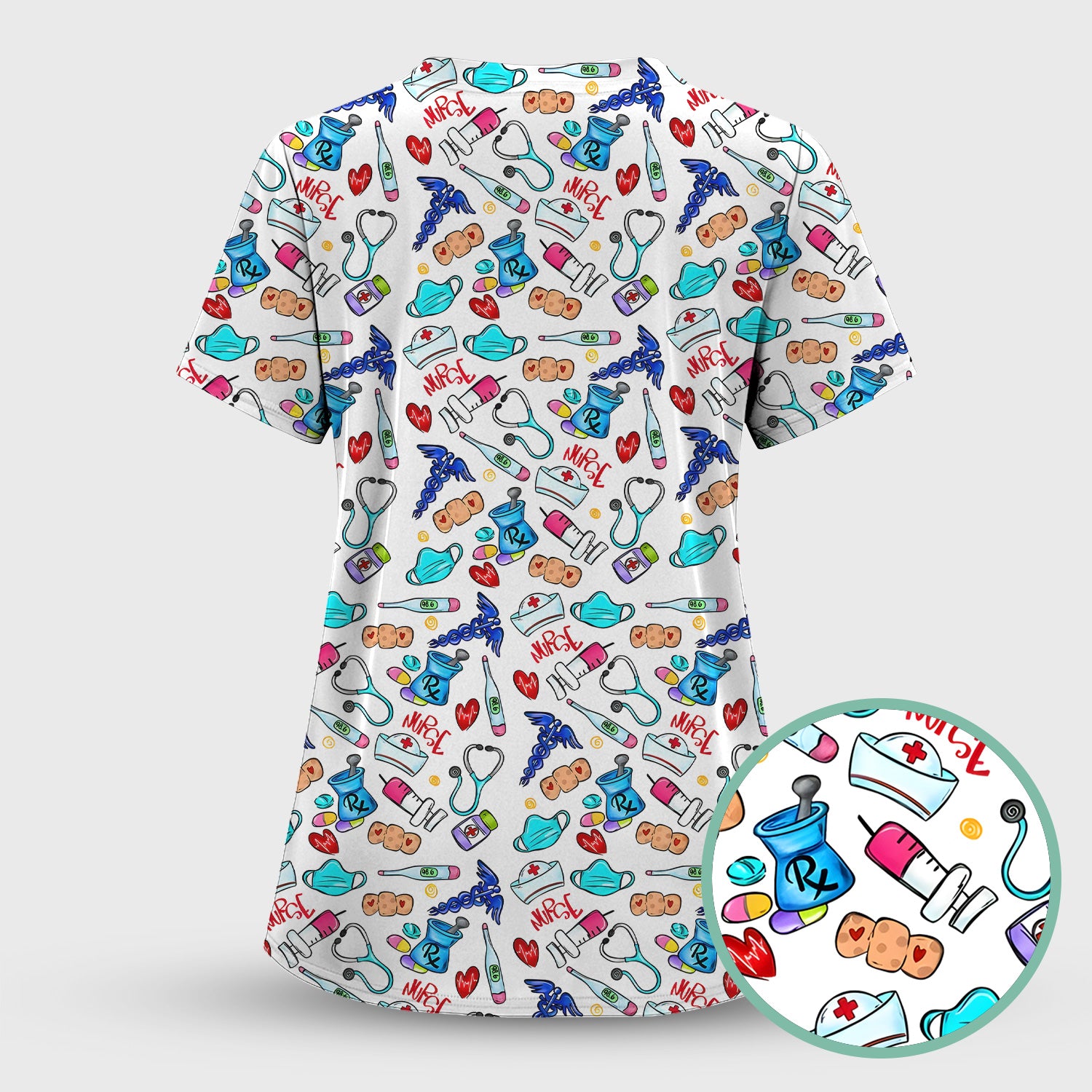 Nurse Medical Icons Stethoscope Heart Pattern Scrub Top, Comfortable Scrubs for Nurses