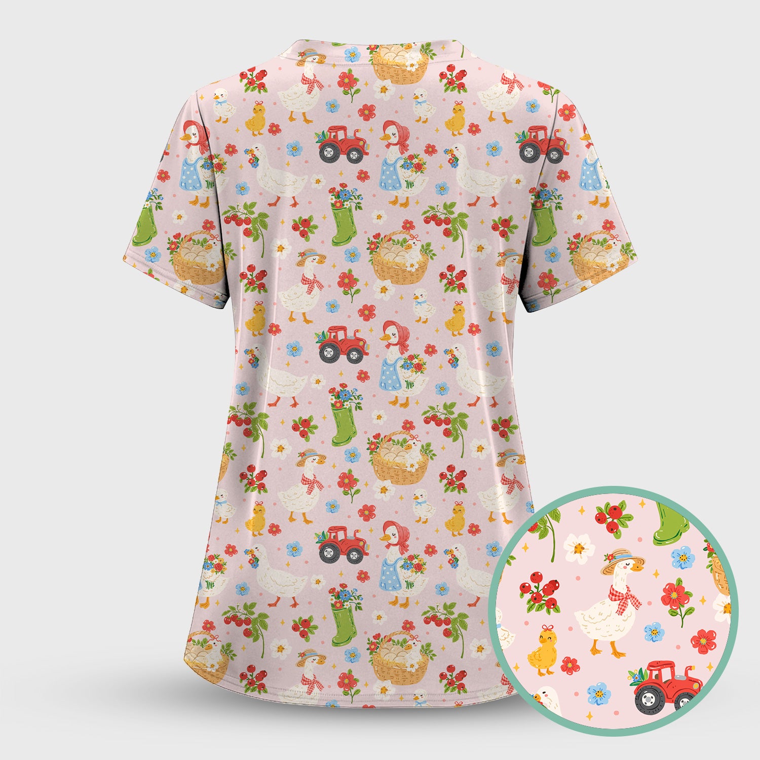 Farm Duck Chicken Tractor Flower Basket Scrub Top, Breathable Fabrics Nursing Uniform