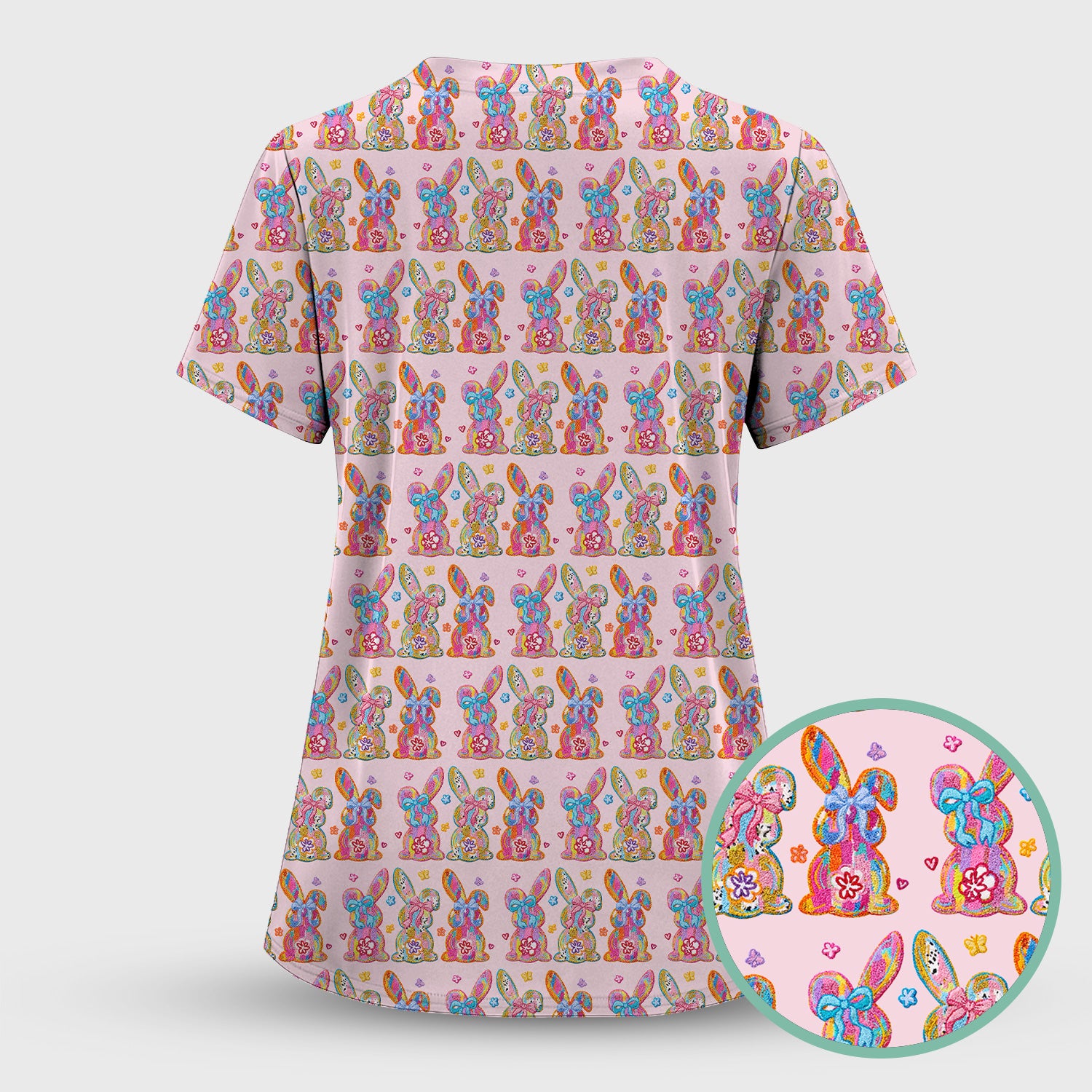 Cute Pastel Bunny Floral Pattern Scrub Top, Comfortable Scrubs for Nurses, Easter