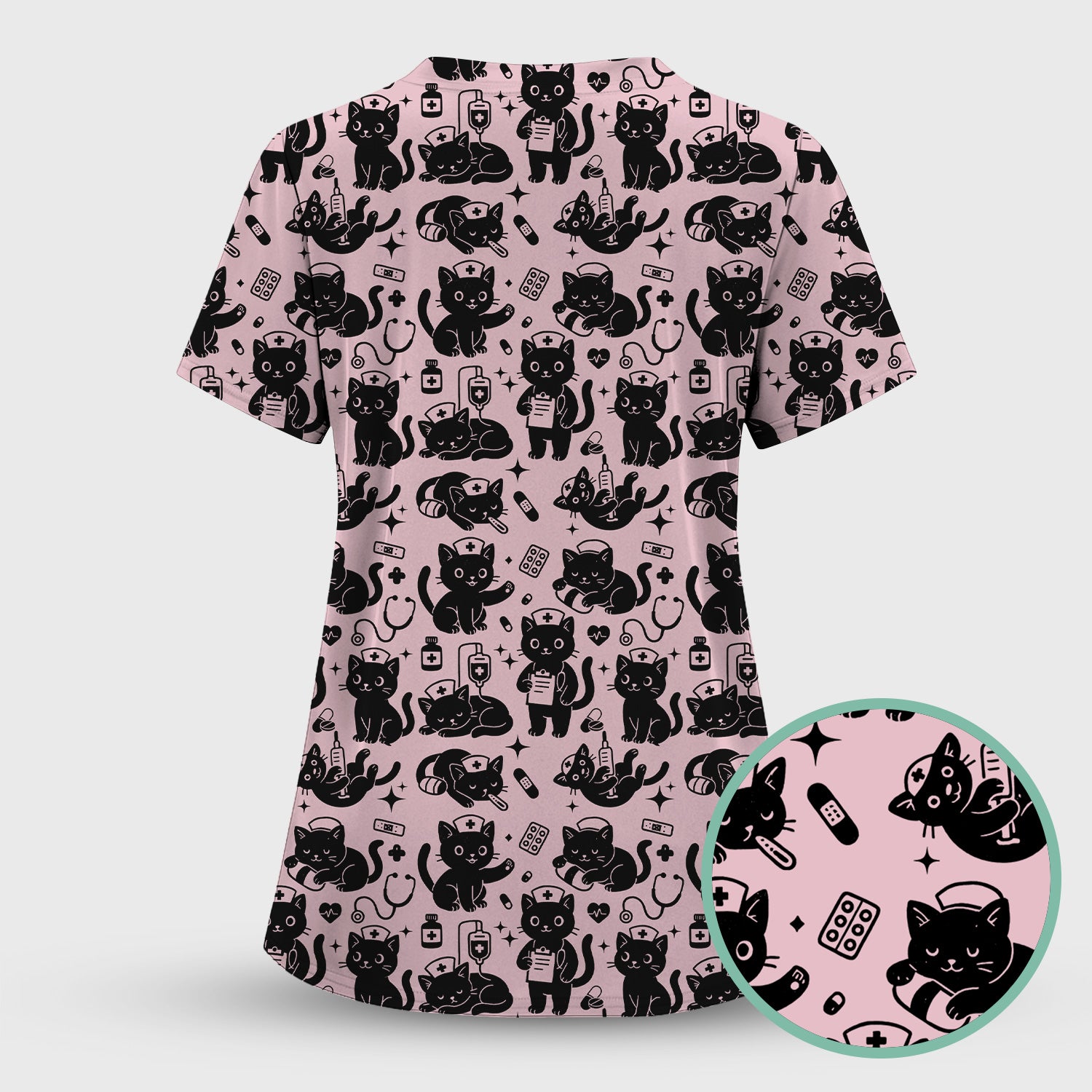 Cute Black Cat Nurse Pattern Scrub Top, Breathable Fabrics Nursing Uniform